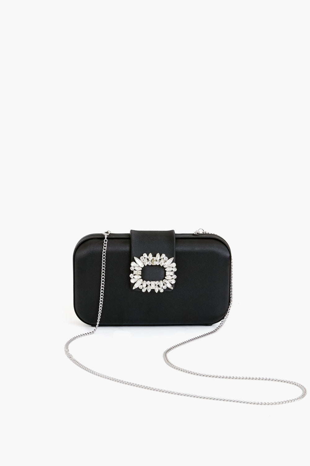 The Olga Berg rectangular black crystal clutch features a silver jeweled buckle and a long silver chain strap, making it perfect for evening collections.