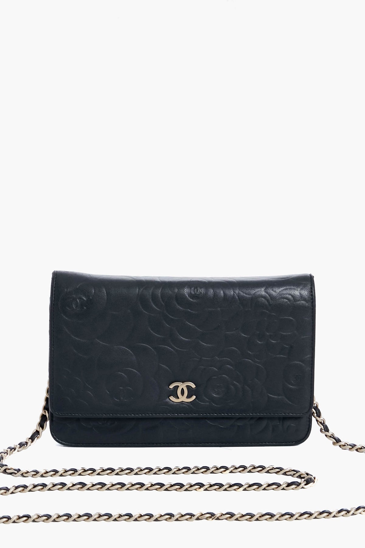 CHANEL Black Camellia Leather Wallet On Chain