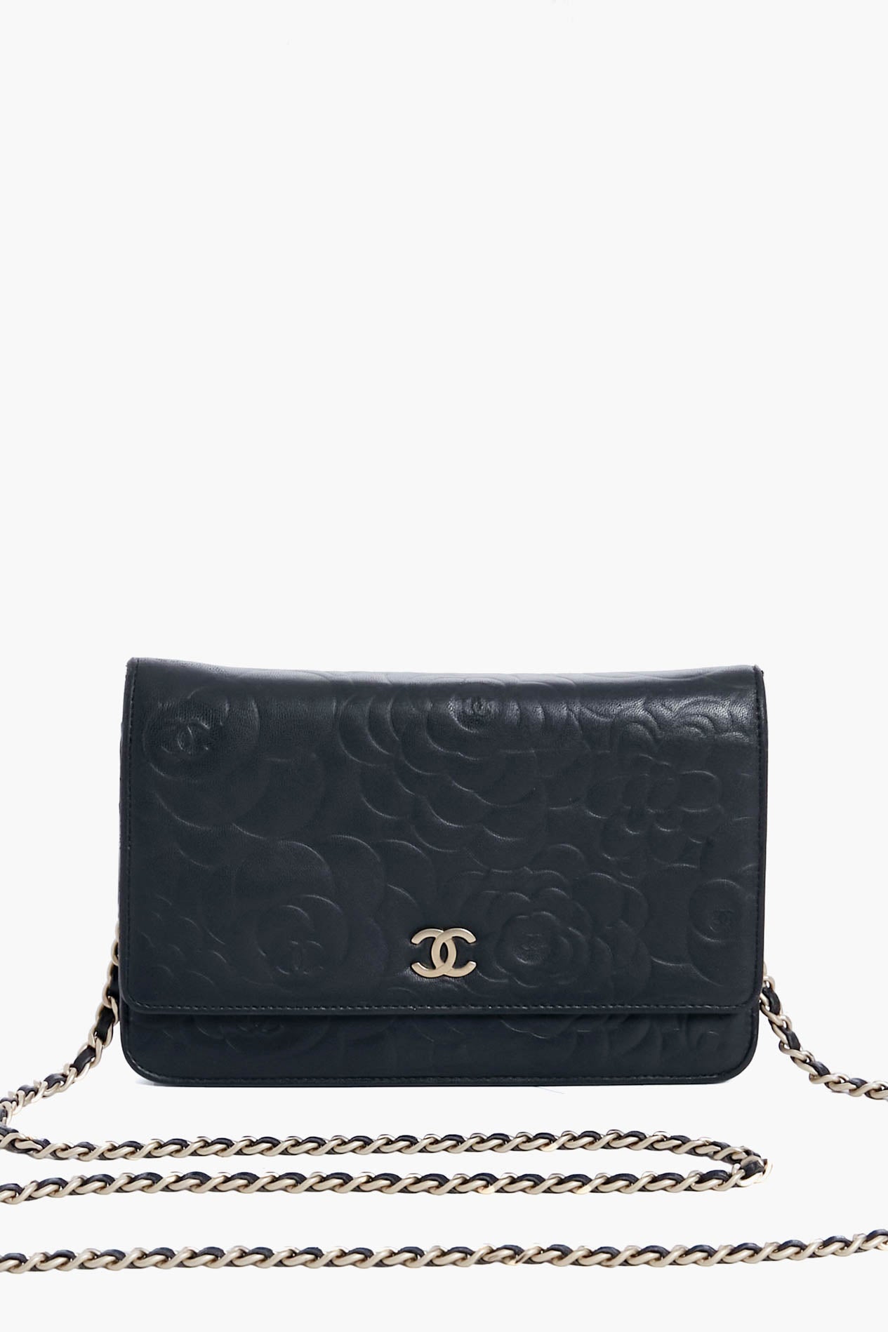 CHANEL Black Camellia Leather Wallet On Chain