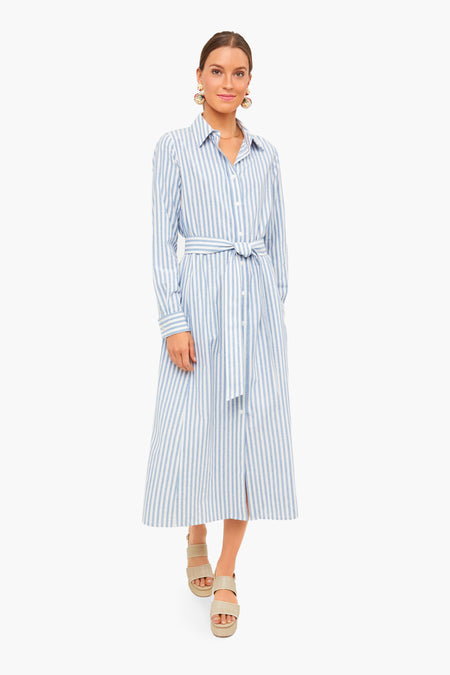 A woman wears a chic and versatile Tuckernuck Caldwell dress in blue and white stripes with a tie belt, paired with beige sandals and statement earrings.