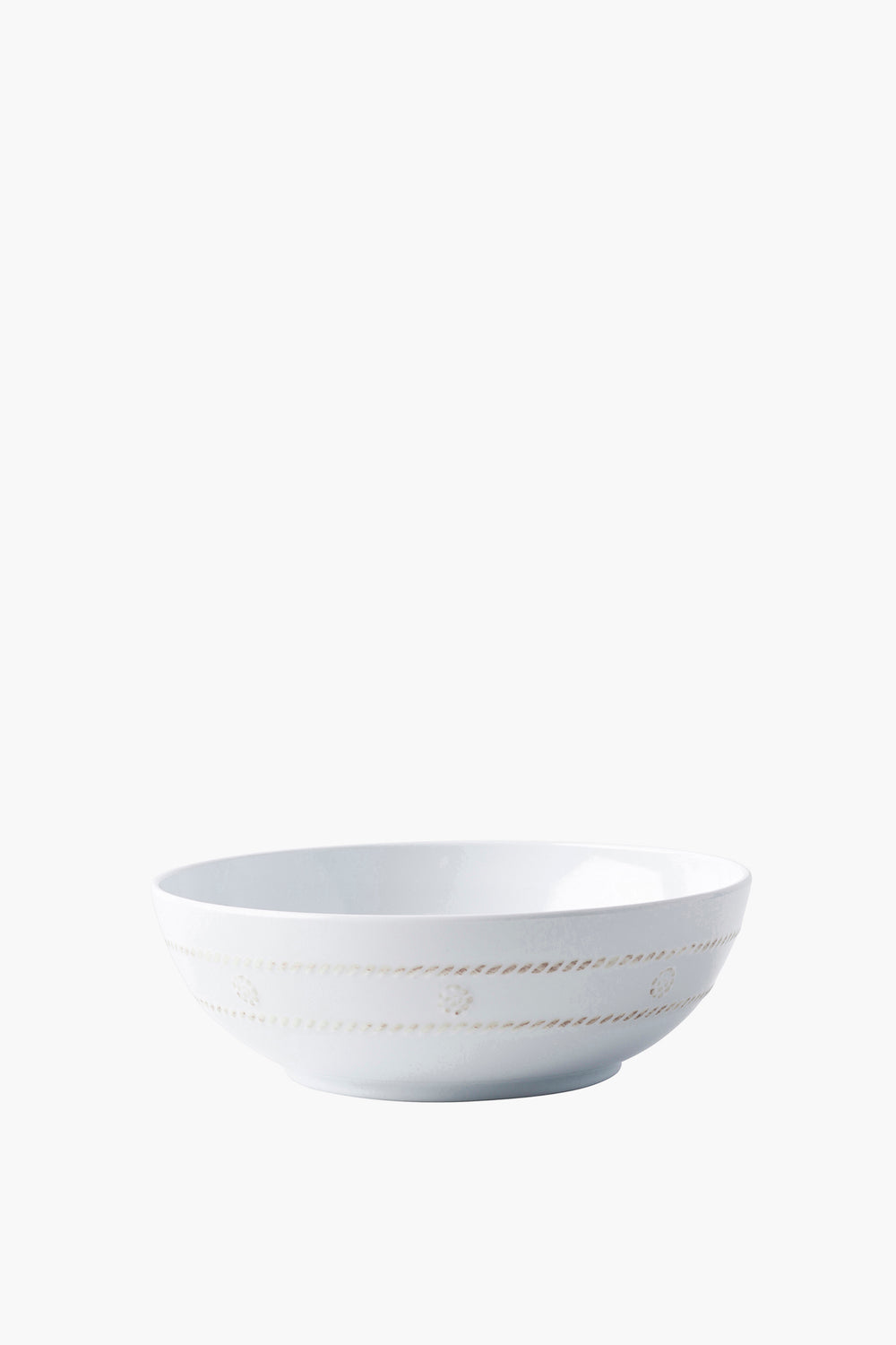 A white Juliska Berry & Thread ceramic bowl with a subtle embossed pattern and a slightly flared rim.