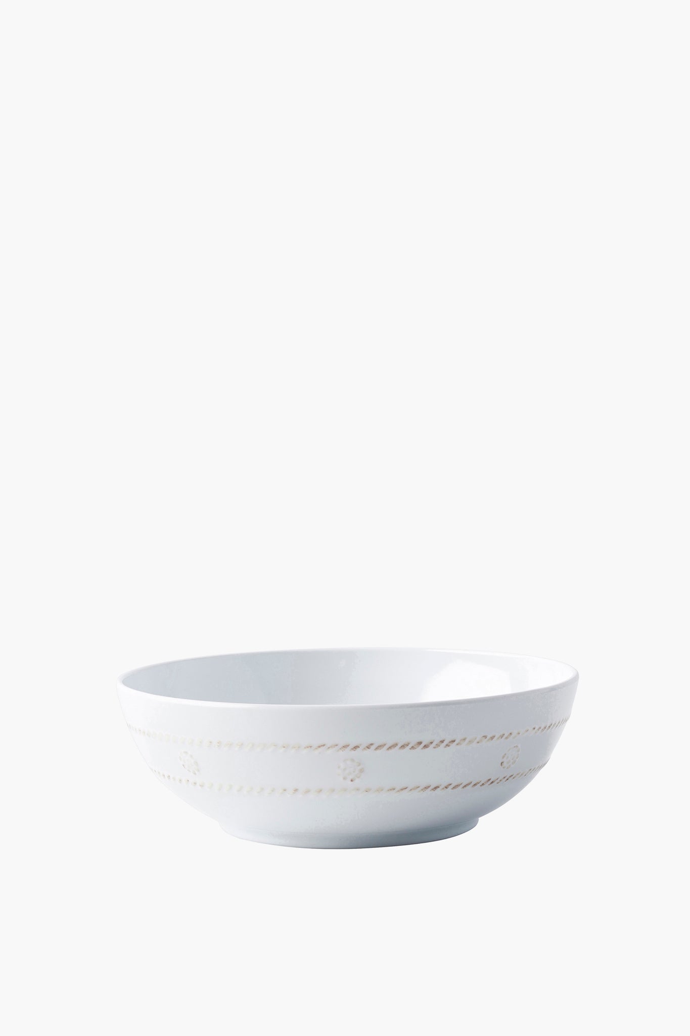 A white Juliska Berry & Thread ceramic bowl with a subtle embossed pattern and a slightly flared rim.