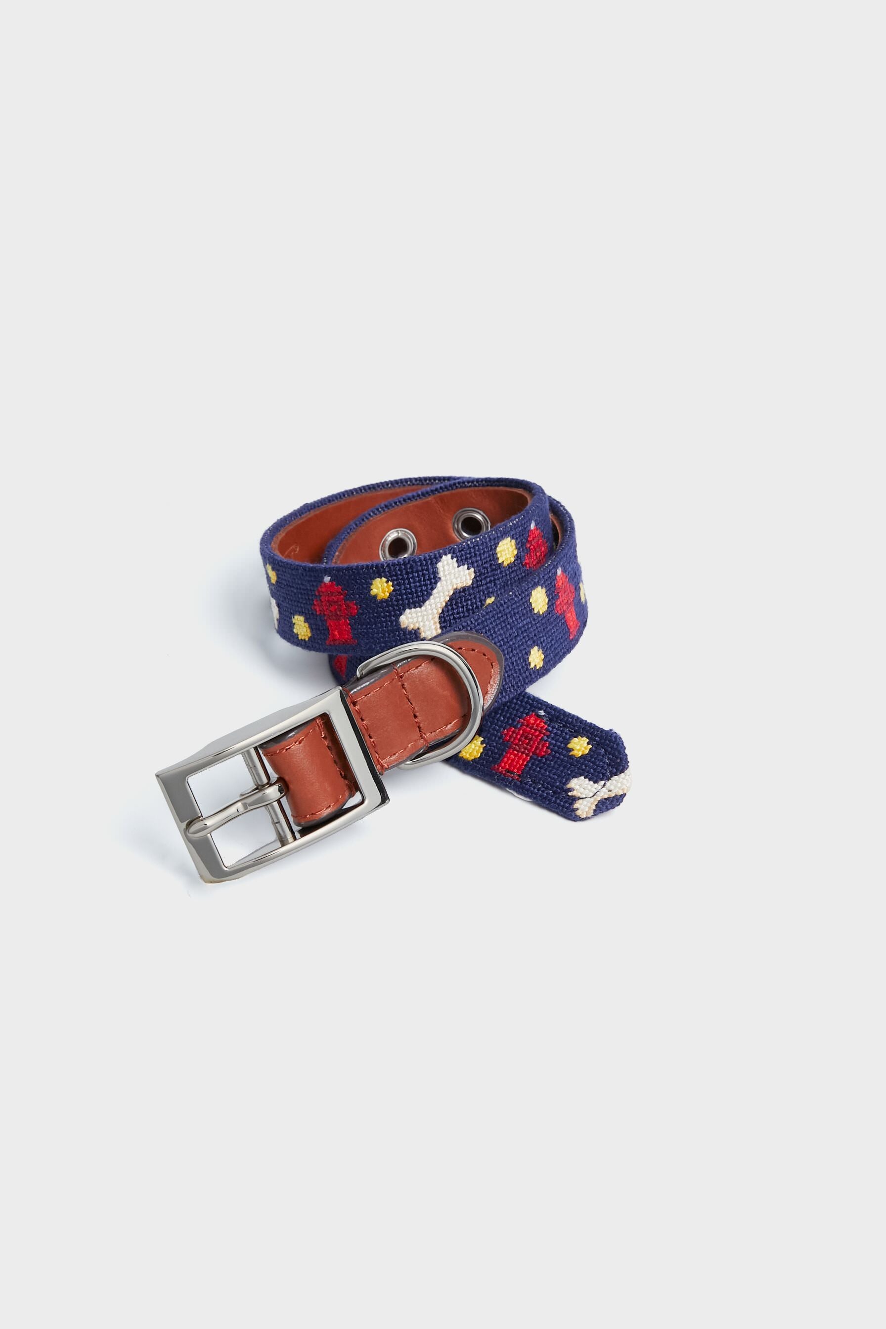 Smathers and Branson blue fabric dog collar with a silver buckle, featuring red, yellow, and white mushroom and dog patterns.