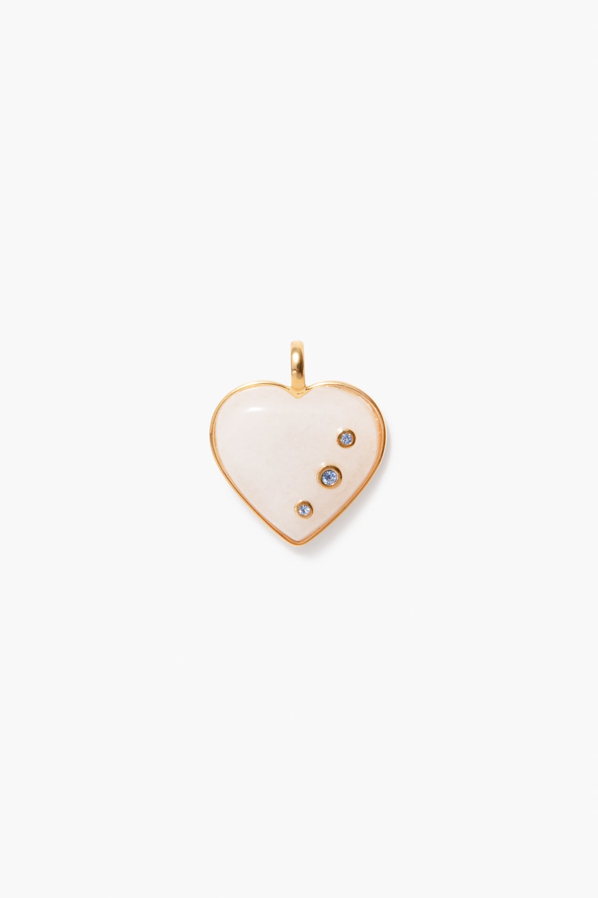 The Tuckernuck Jewelry gold-edged white heart pendant features three gemstones, including a Blue Topaz Birthstone Charm, and a loop for attaching to a chain—perfect as a charm necklace or December birthday gift.