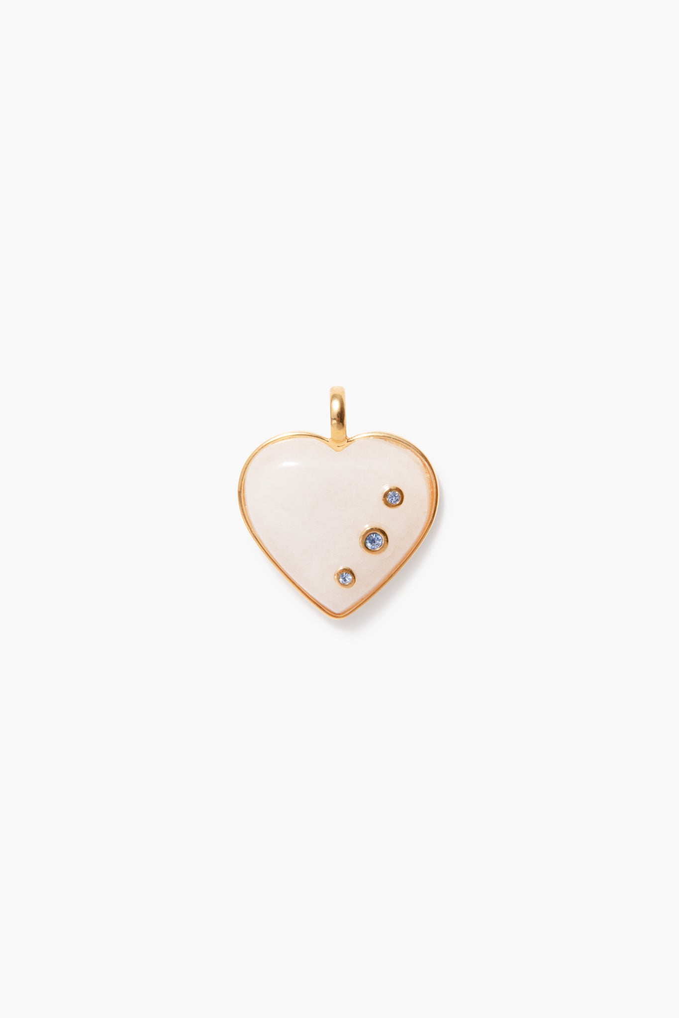 The Tuckernuck Jewelry gold-edged white heart pendant features three gemstones, including a Blue Topaz Birthstone Charm, and a loop for attaching to a chain—perfect as a charm necklace or December birthday gift.