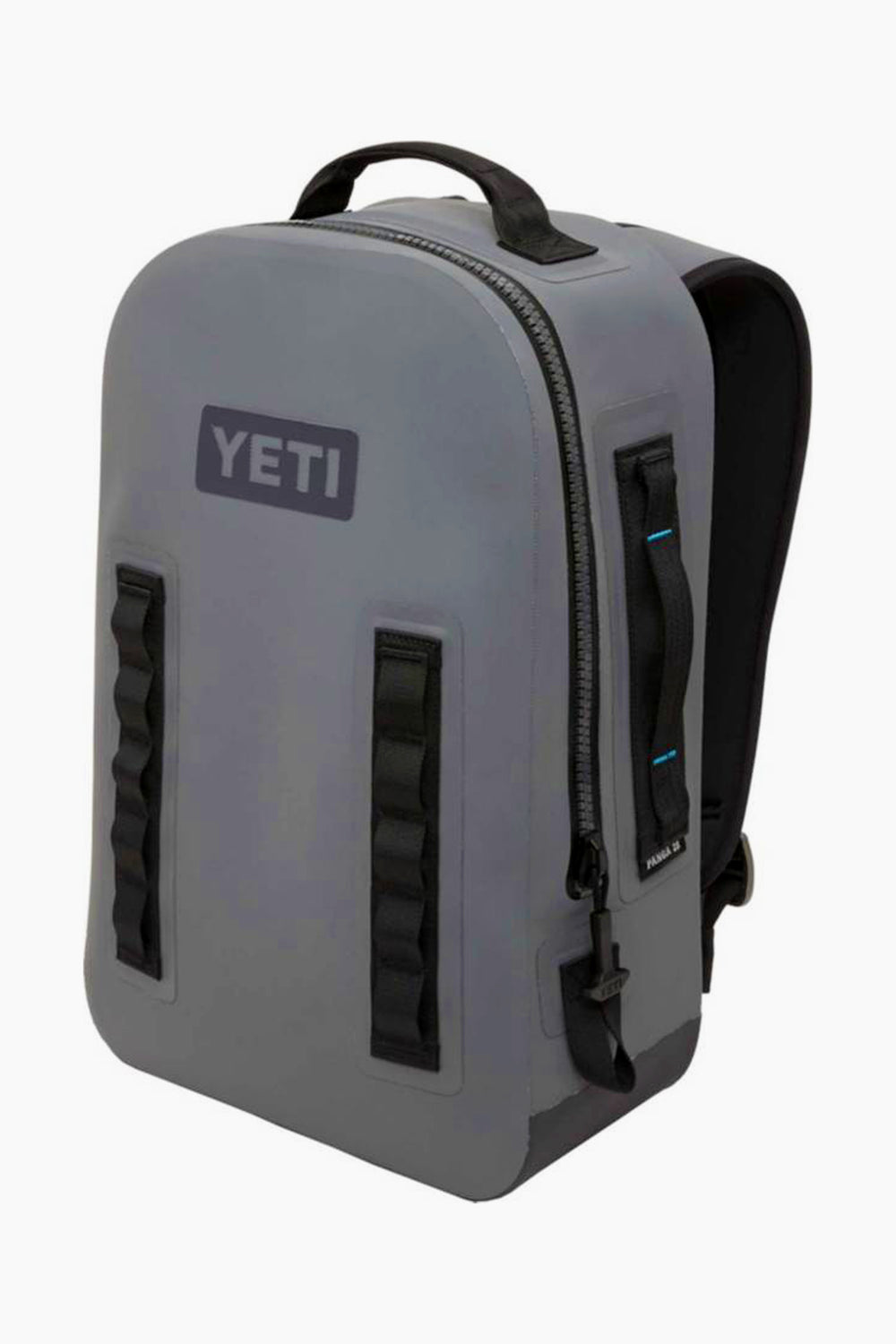 A gray YETI Panga Backpack with black straps, a top handle, and a front zipper pocket stands upright—an ultra-durable, waterproof backpack ideal for outdoor adventures.