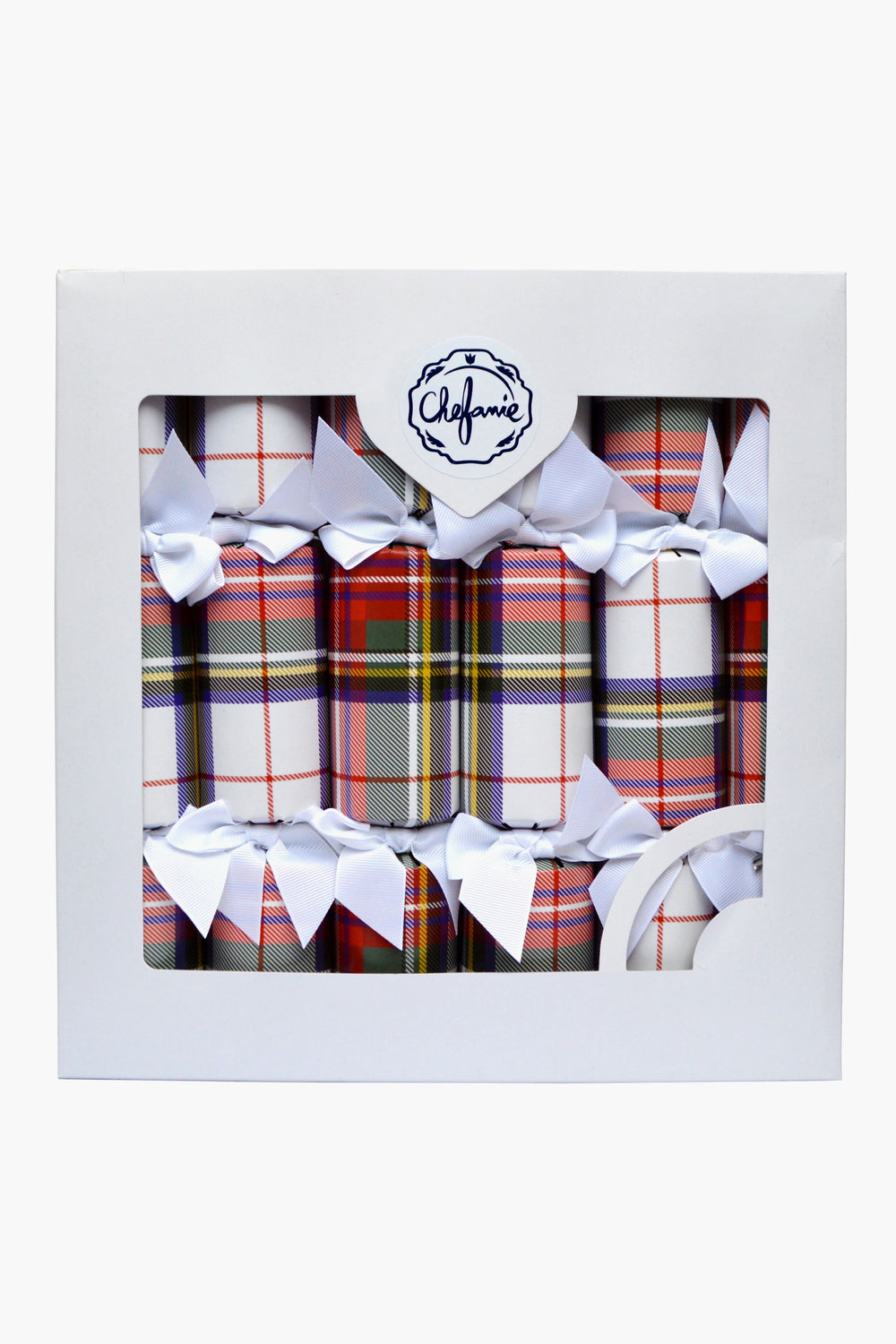 A box of six plaid party poppers, each with a white ribbon, in Chefanie-branded white packaging—ideal for holiday celebrations or festive dinner table decor.
