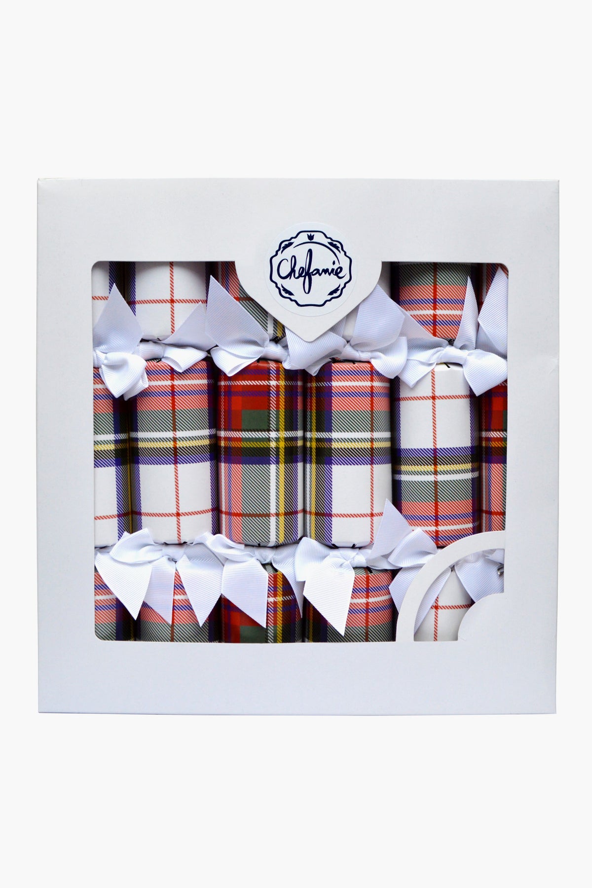 A box of six plaid party poppers, each with a white ribbon, in Chefanie-branded white packaging—ideal for holiday celebrations or festive dinner table decor.