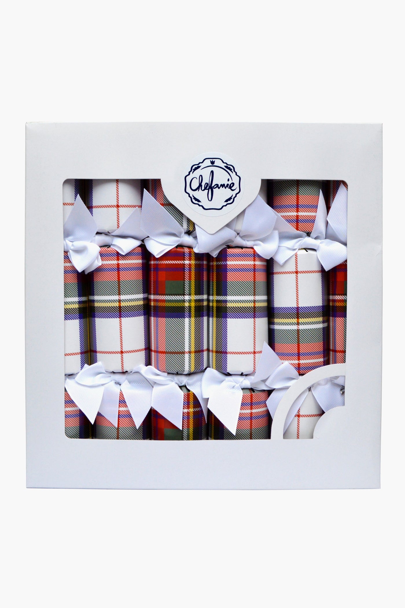 A box of six plaid party poppers, each with a white ribbon, in Chefanie-branded white packaging—ideal for holiday celebrations or festive dinner table decor.