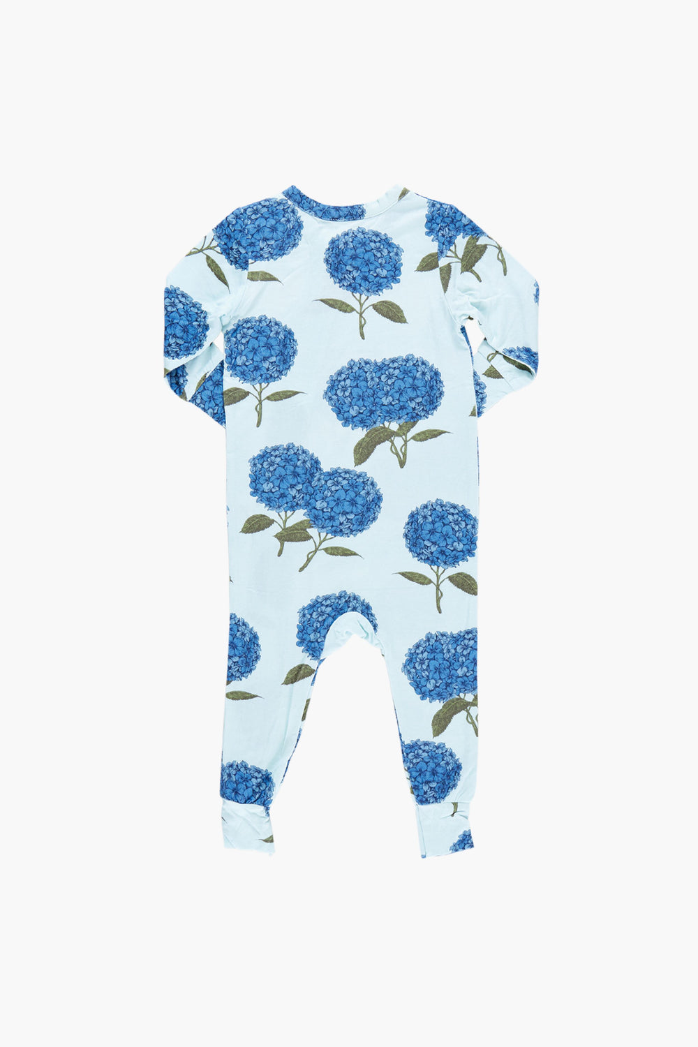 Pink Chicken light blue bamboo baby onesie featuring blue hydrangea flowers and green leaves, displayed flat.