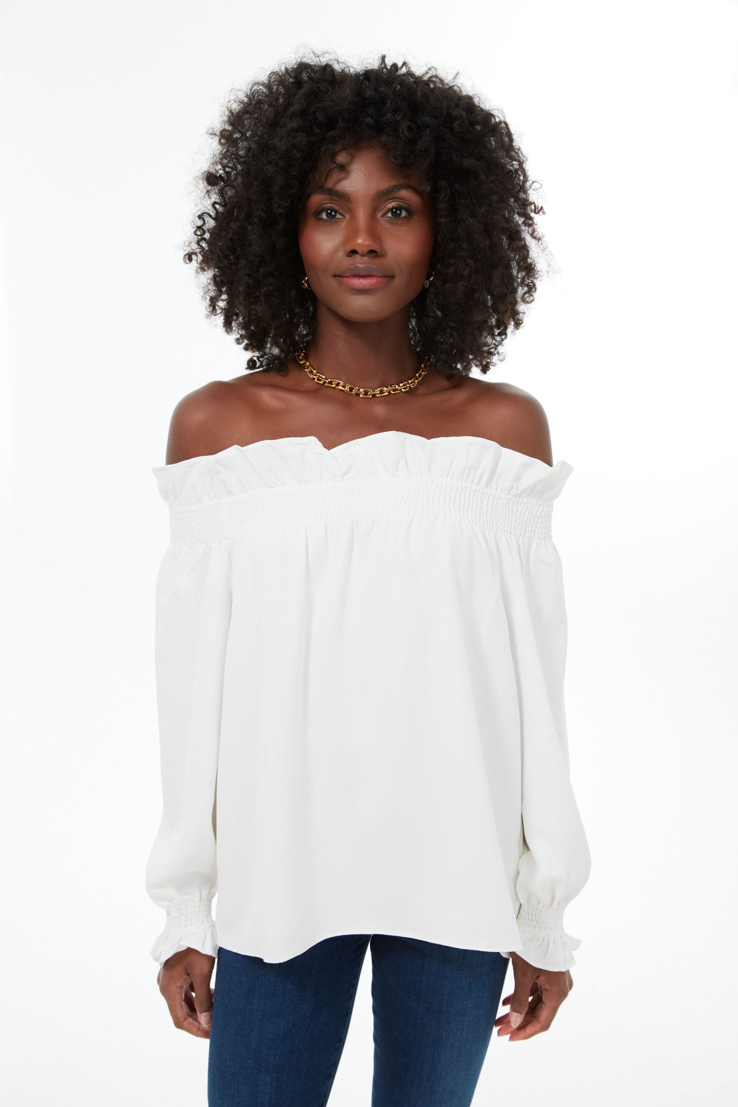 White off the shoulder flounce top Clearance