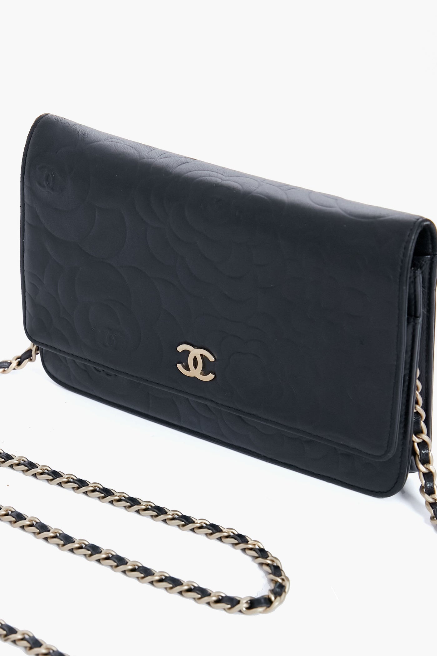 CHANEL Black Camellia Leather Wallet On Chain