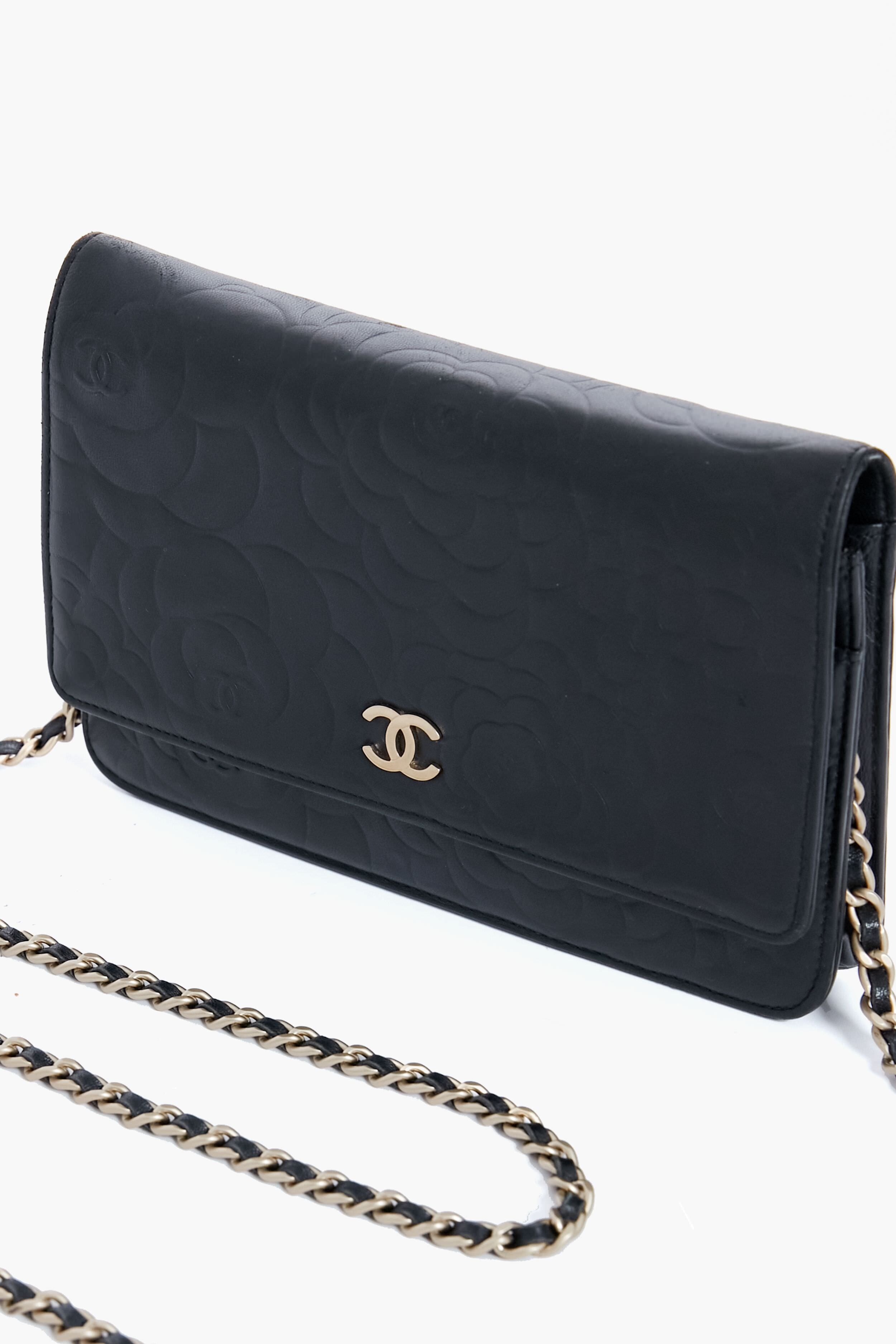 CHANEL Black Camellia Leather Wallet On Chain