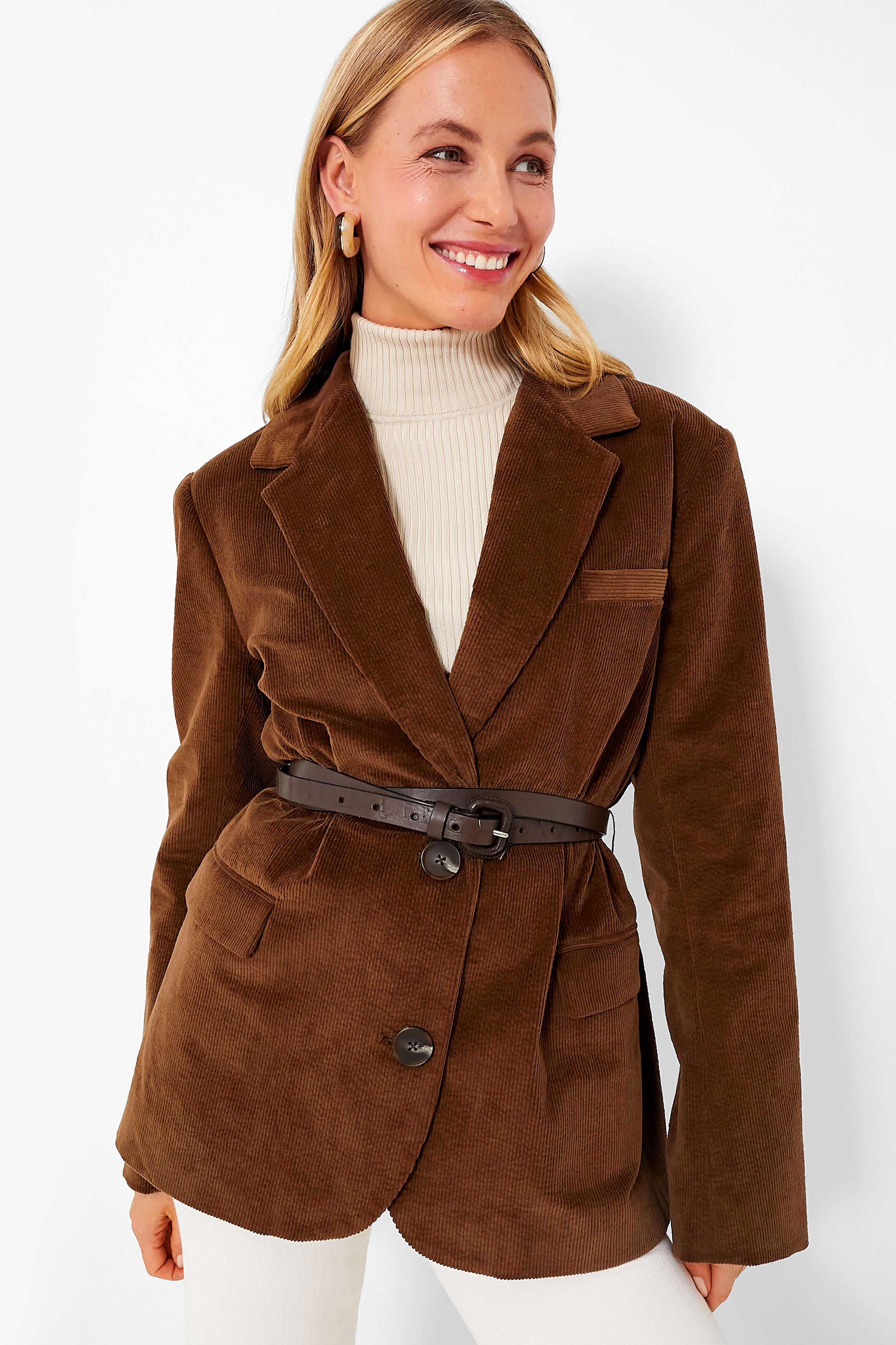 Brown Cooper Corduroy Long Sleeve Blazer with Leather Belt | Sea