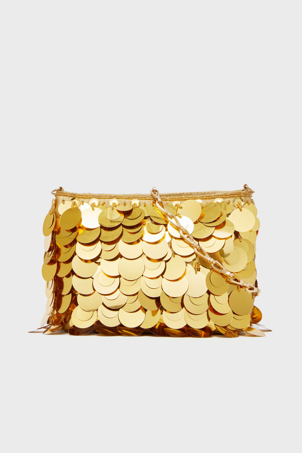 This Urban Expressions evening bag features large, shiny gold sequins and a gold chain strap—an elegant, animal-friendly accessory for any special occasion.
