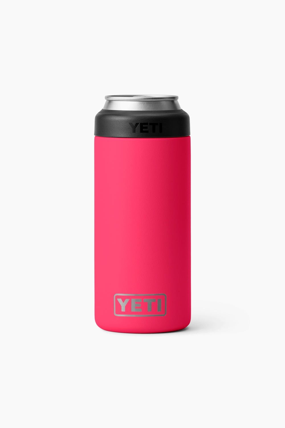 The YETI can insulator is red with a black top, made of durable stainless steel, and uses double-wall vacuum insulation to keep your canned drinks cold.
