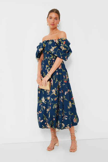 Navy Julian Embroidery Off Shoulder Dress