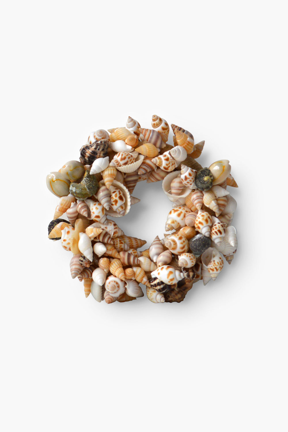 The Chefanie wreath features a circular design made of assorted small natural seashells arranged closely together, making it ideal as handmade table decor.