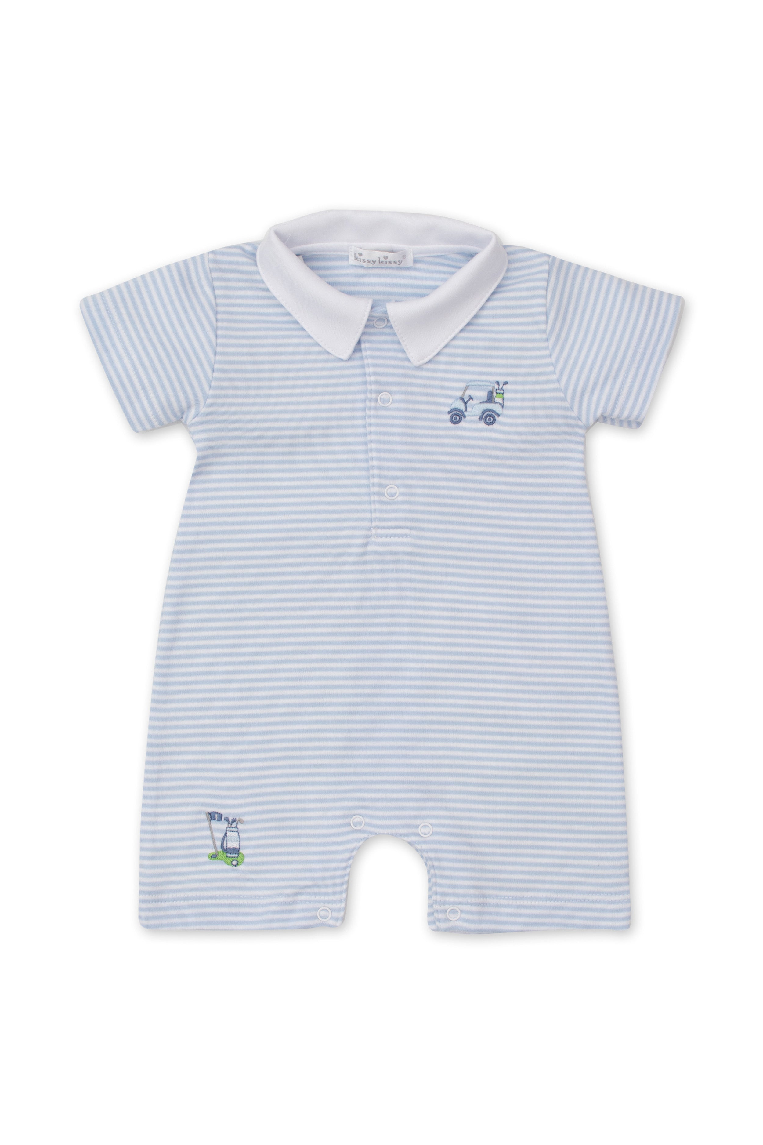 A blue and white striped Pima cotton baby playsuit by kissy kissy with embroidered golf motifs.