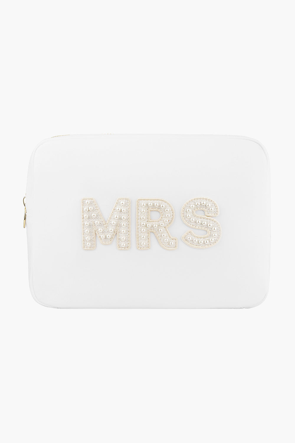 A white rectangular Stoney Clover Lane travel pouch with "MRS" in pearl-accented raised letters on the front—an elegant bridal gift or wedding organizer.