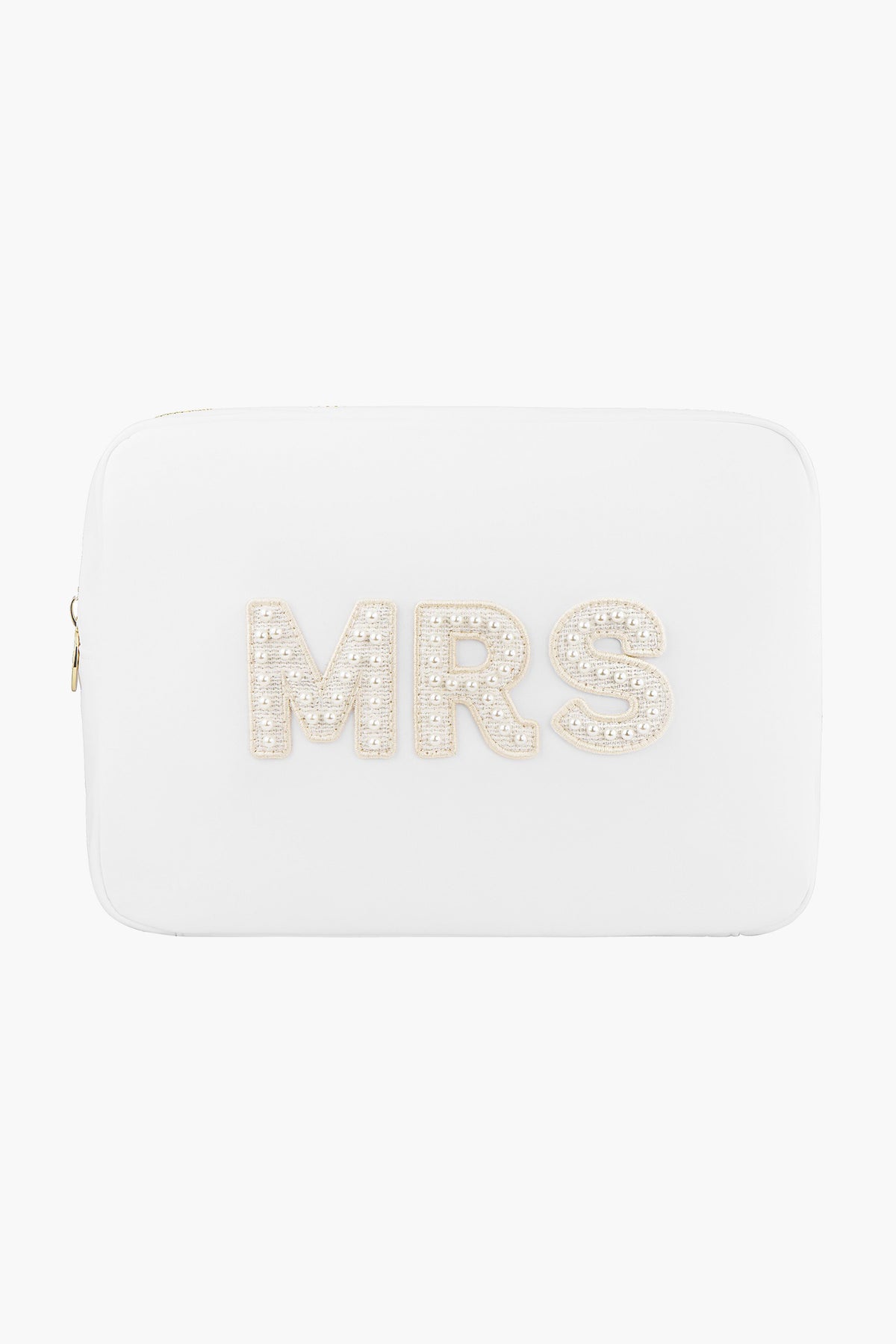 A white rectangular Stoney Clover Lane travel pouch with "MRS" in pearl-accented raised letters on the front—an elegant bridal gift or wedding organizer.