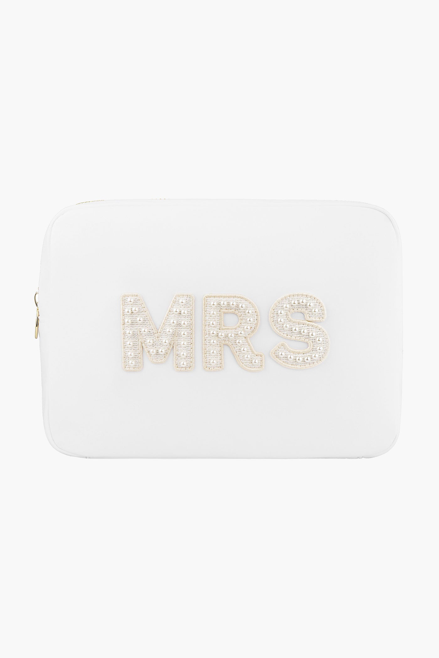 A white rectangular Stoney Clover Lane travel pouch with "MRS" in pearl-accented raised letters on the front—an elegant bridal gift or wedding organizer.