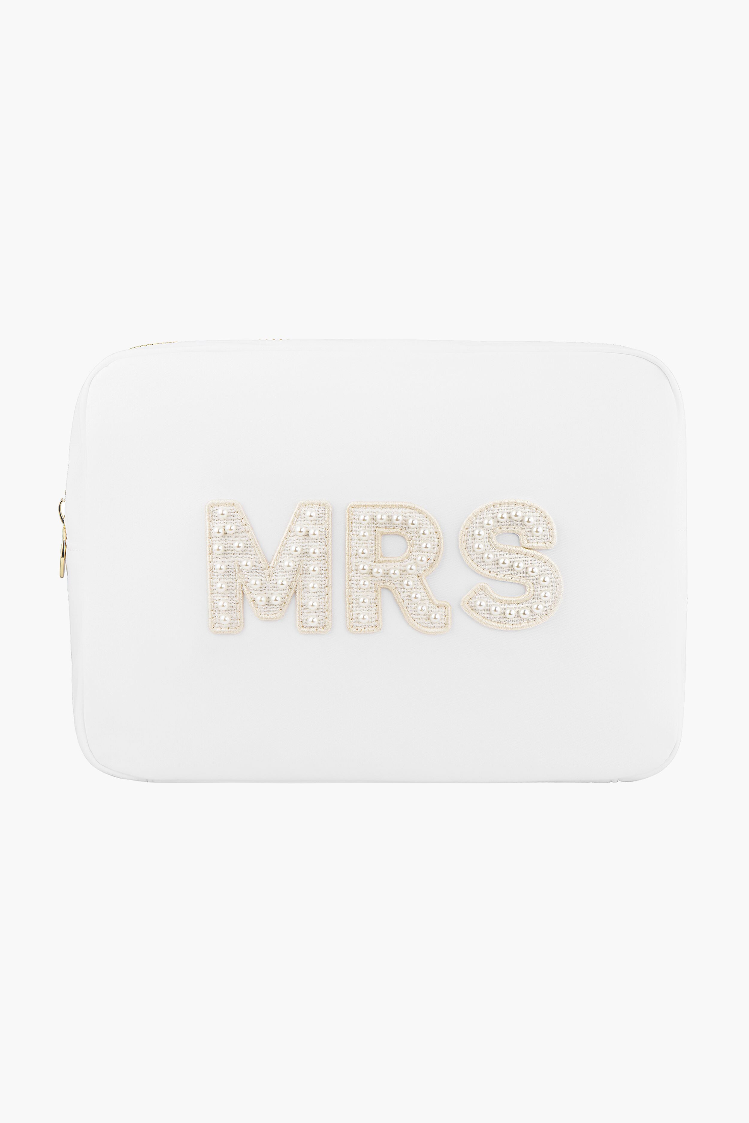 A white rectangular Stoney Clover Lane travel pouch with "MRS" in pearl-accented raised letters on the front—an elegant bridal gift or wedding organizer.