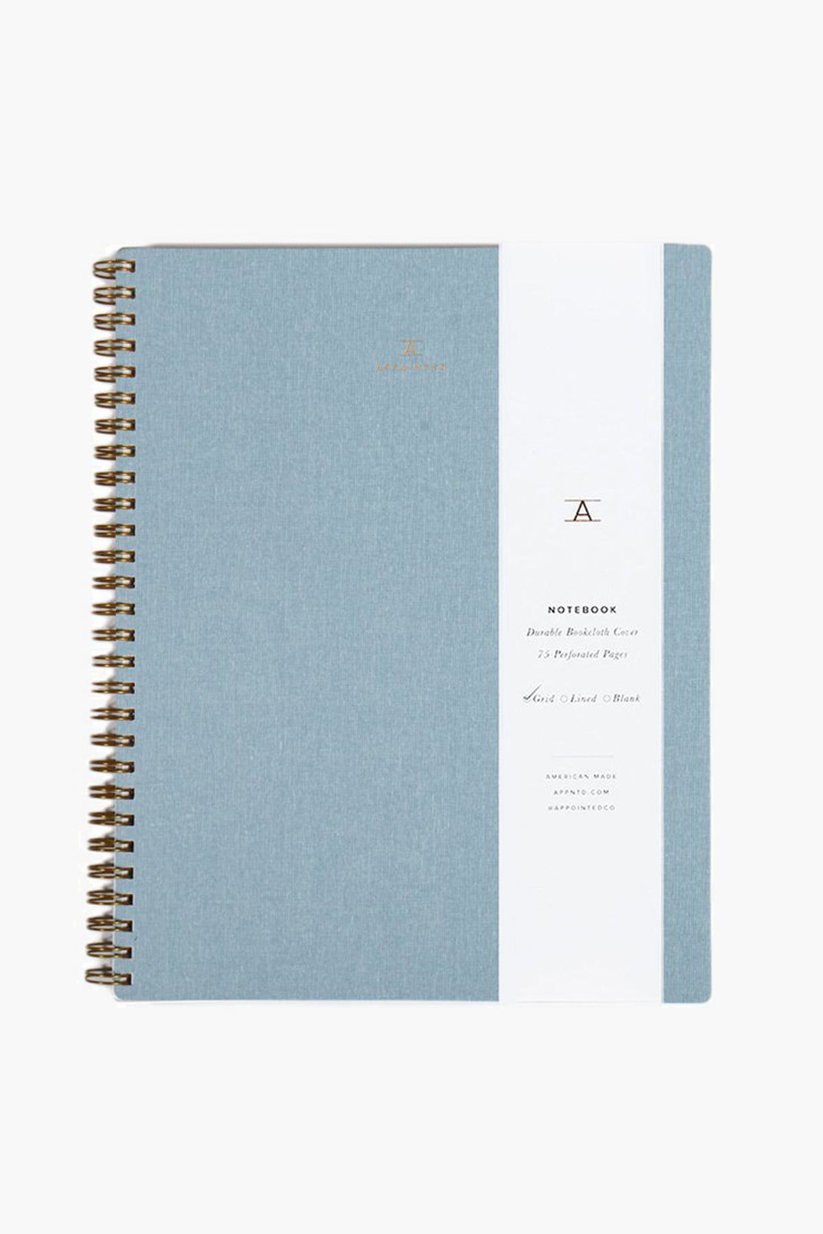 Chambray Blue Lined Notebook with a brass-tone spiral binding and a pale blue water-resistant book-cloth cover, offering 75 perforated lined pages for effortless, high-end note-taking.