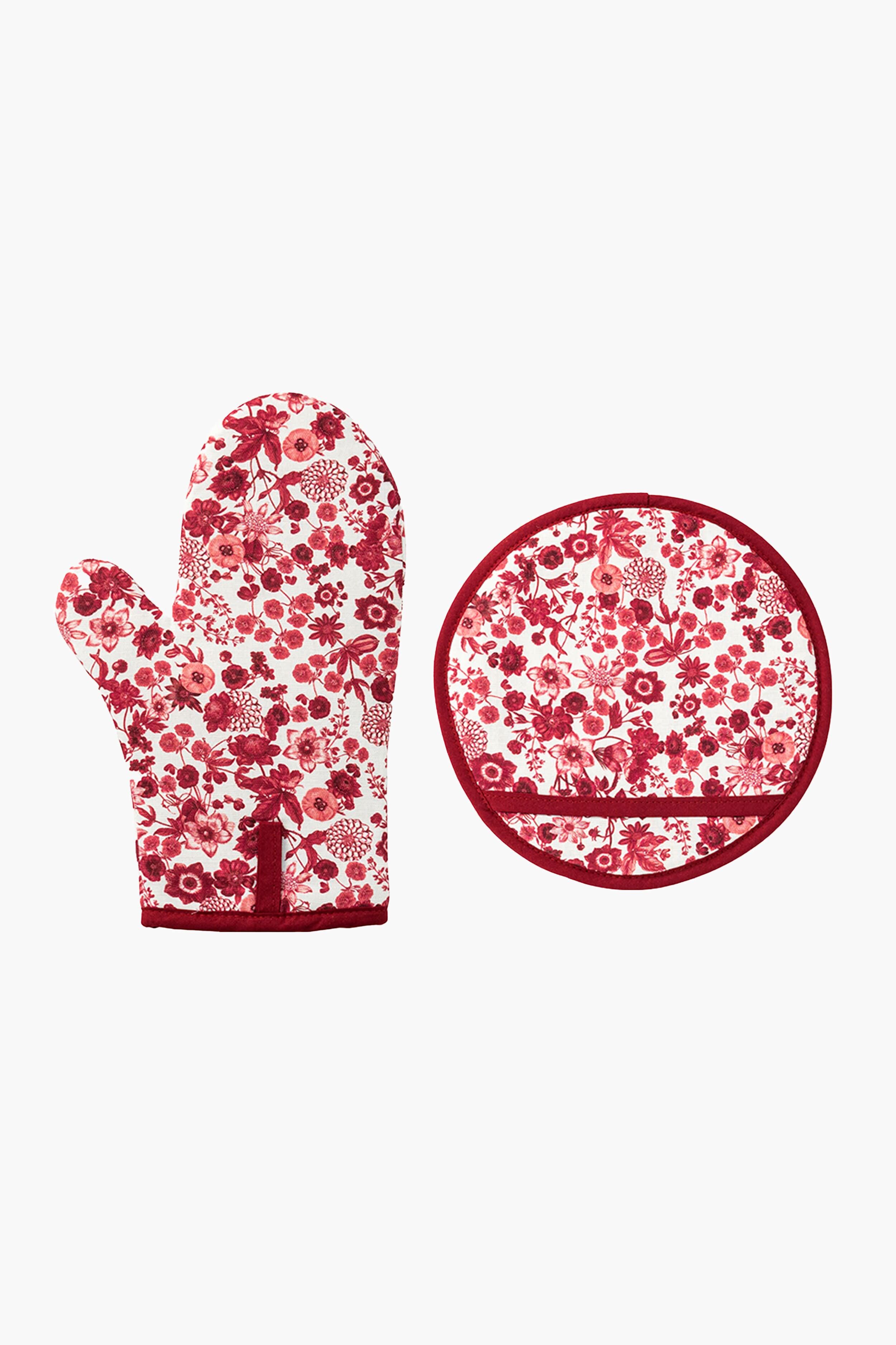 Field of Flowers Ruby Oven Mitt Pott Holder Set Juliska