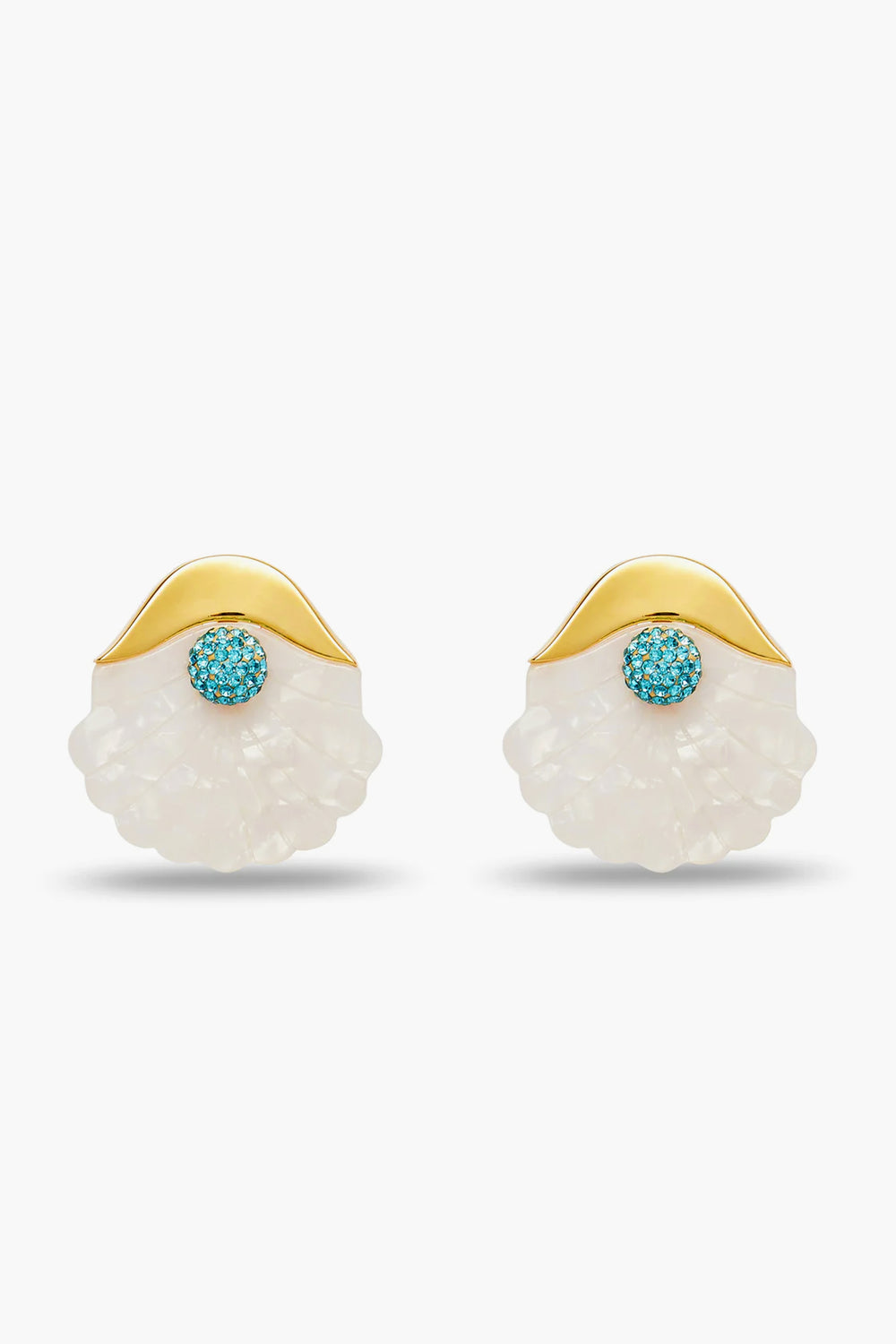 A pair of Lele Sadoughi shell stud earrings in gold and white, featuring turquoise gemstone accents at the center top.