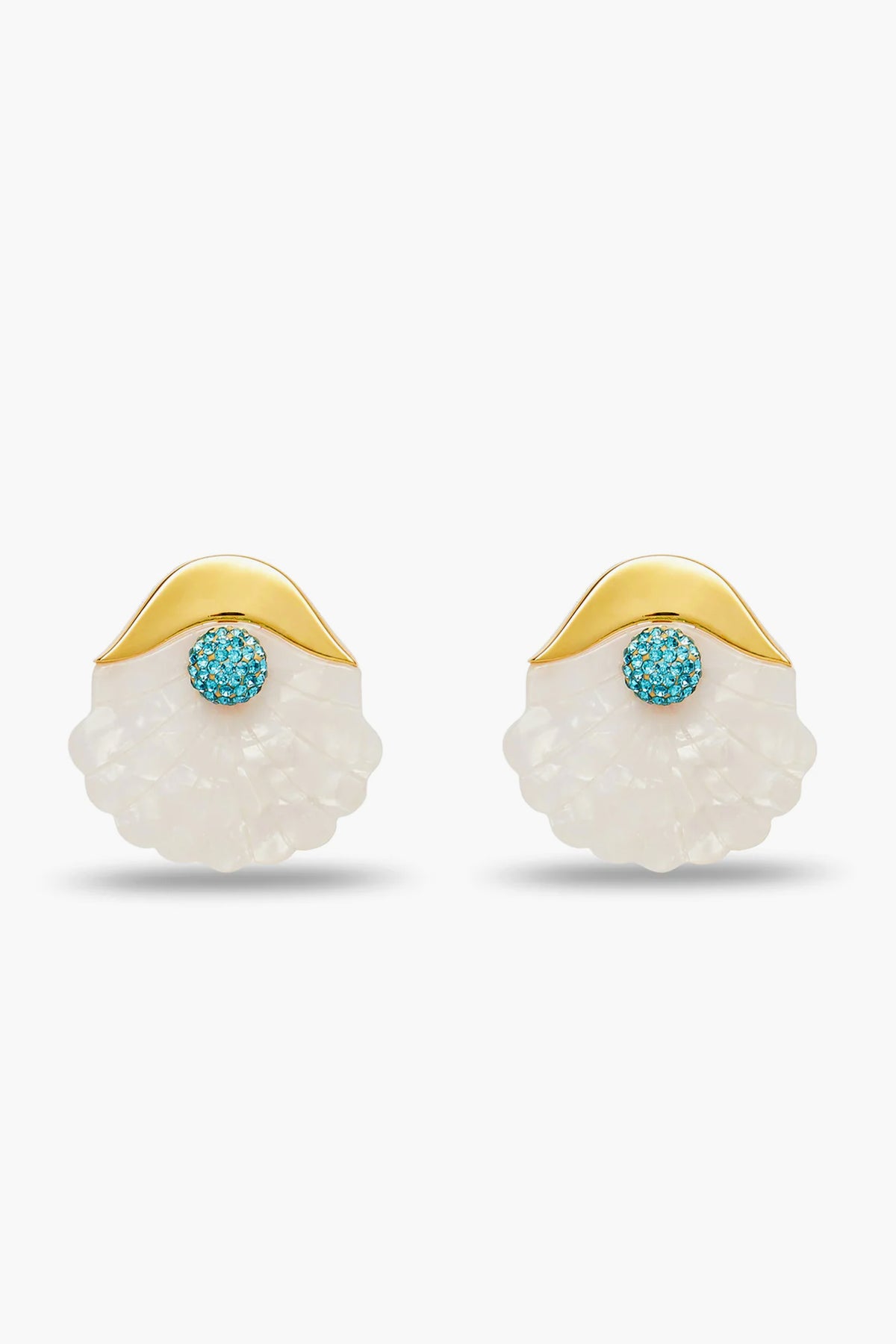 A pair of Lele Sadoughi shell stud earrings in gold and white, featuring turquoise gemstone accents at the center top.