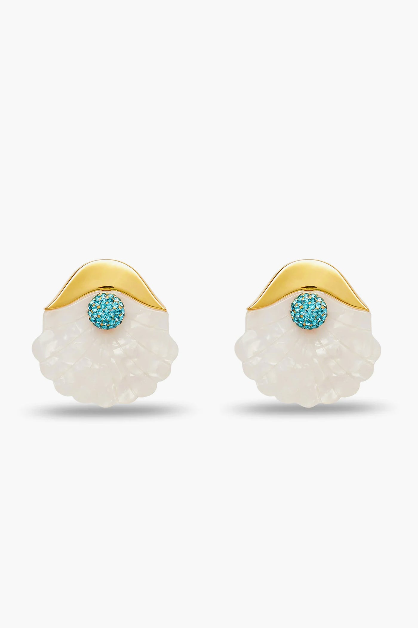 A pair of Lele Sadoughi shell stud earrings in gold and white, featuring turquoise gemstone accents at the center top.