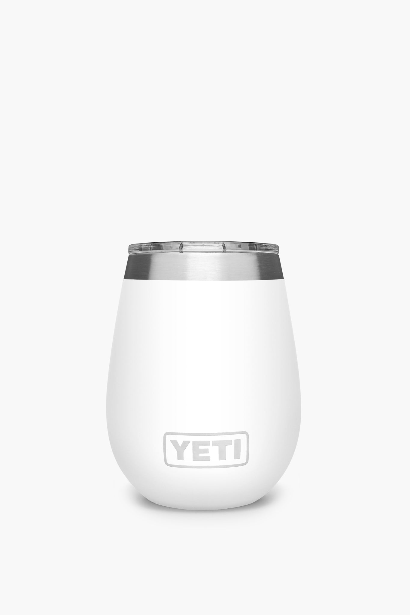 The YETI white insulated wine tumbler features a stainless steel rim and keeps your drinks at the perfect temperature.