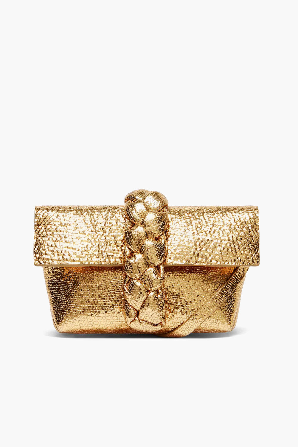 The Demellier gold textured evening clutch features a braided strap detail on the front, perfect for elevating your look.