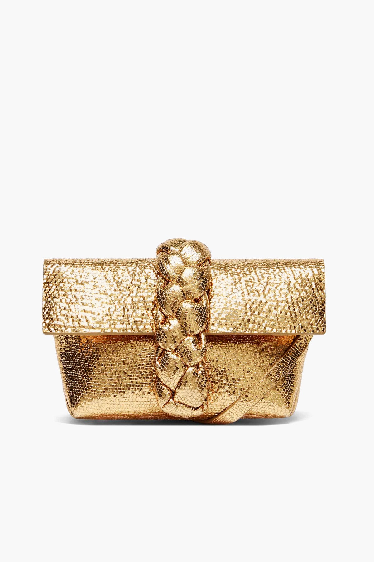 The Demellier gold textured evening clutch features a braided strap detail on the front, perfect for elevating your look.