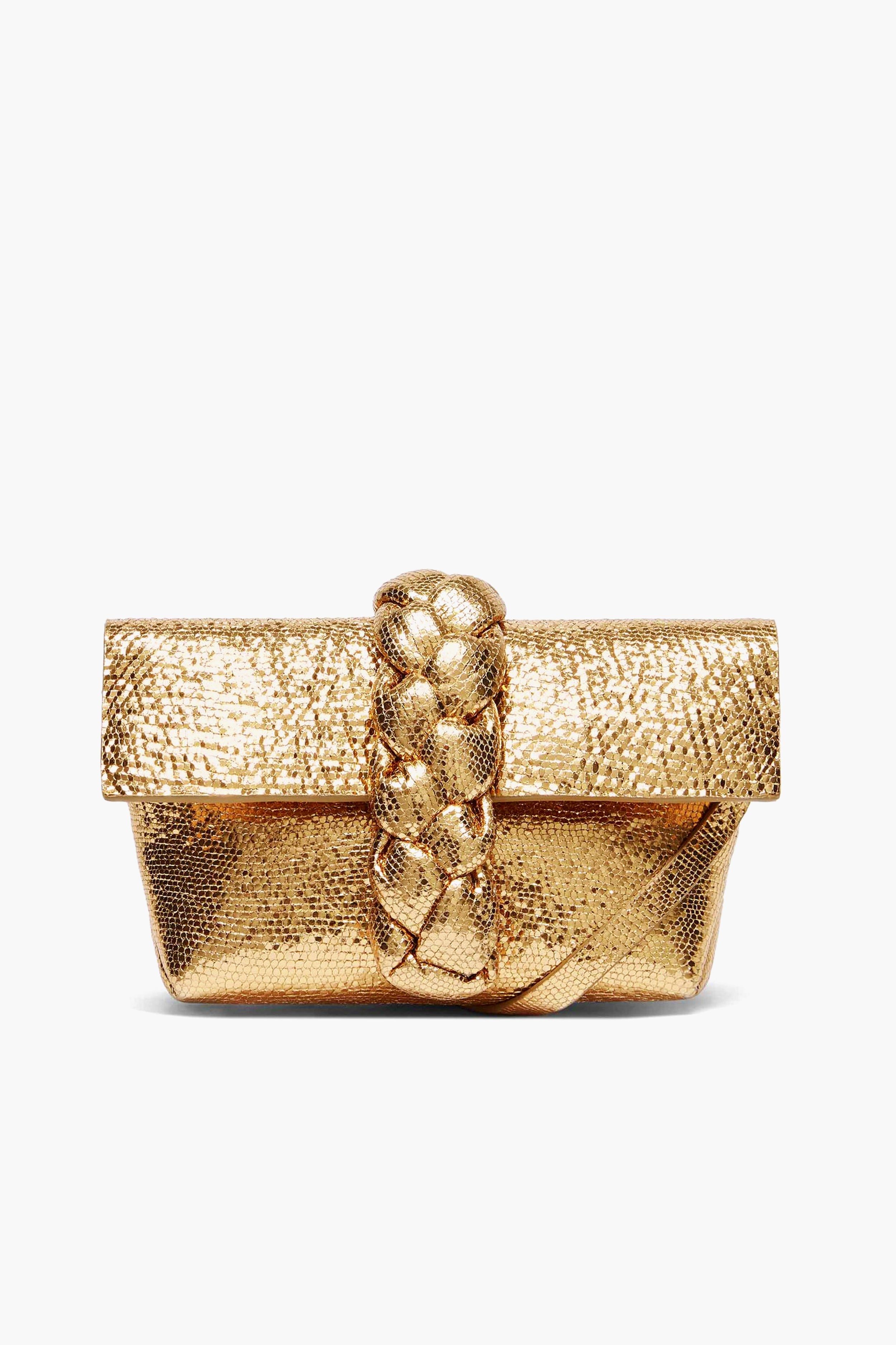 The Demellier gold textured evening clutch features a braided strap detail on the front, perfect for elevating your look.