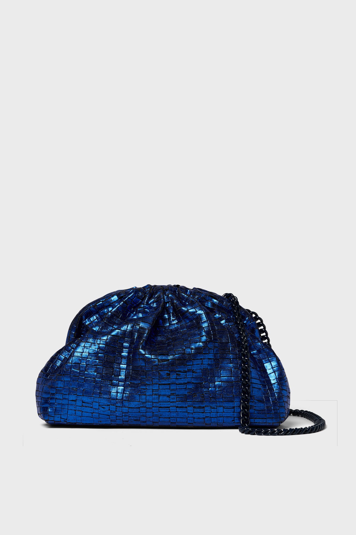 A small, metallic cobalt blue bag by Maria La Rosa, featuring a shiny, textured square-patterned surface and a black chain shoulder strap.
