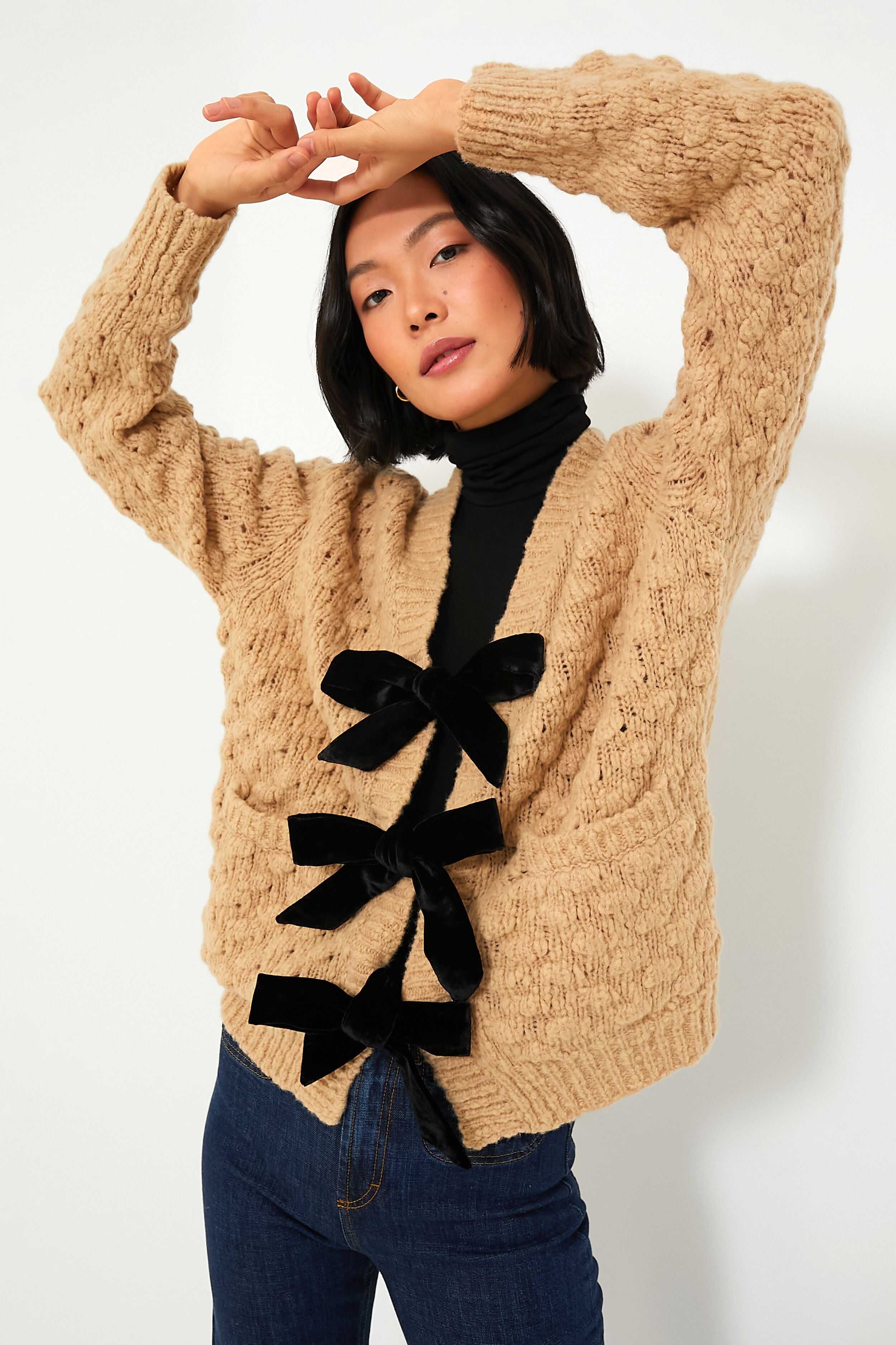 Camel Teresa Bow Tie Long Sleeve Cardigan | Sea New York