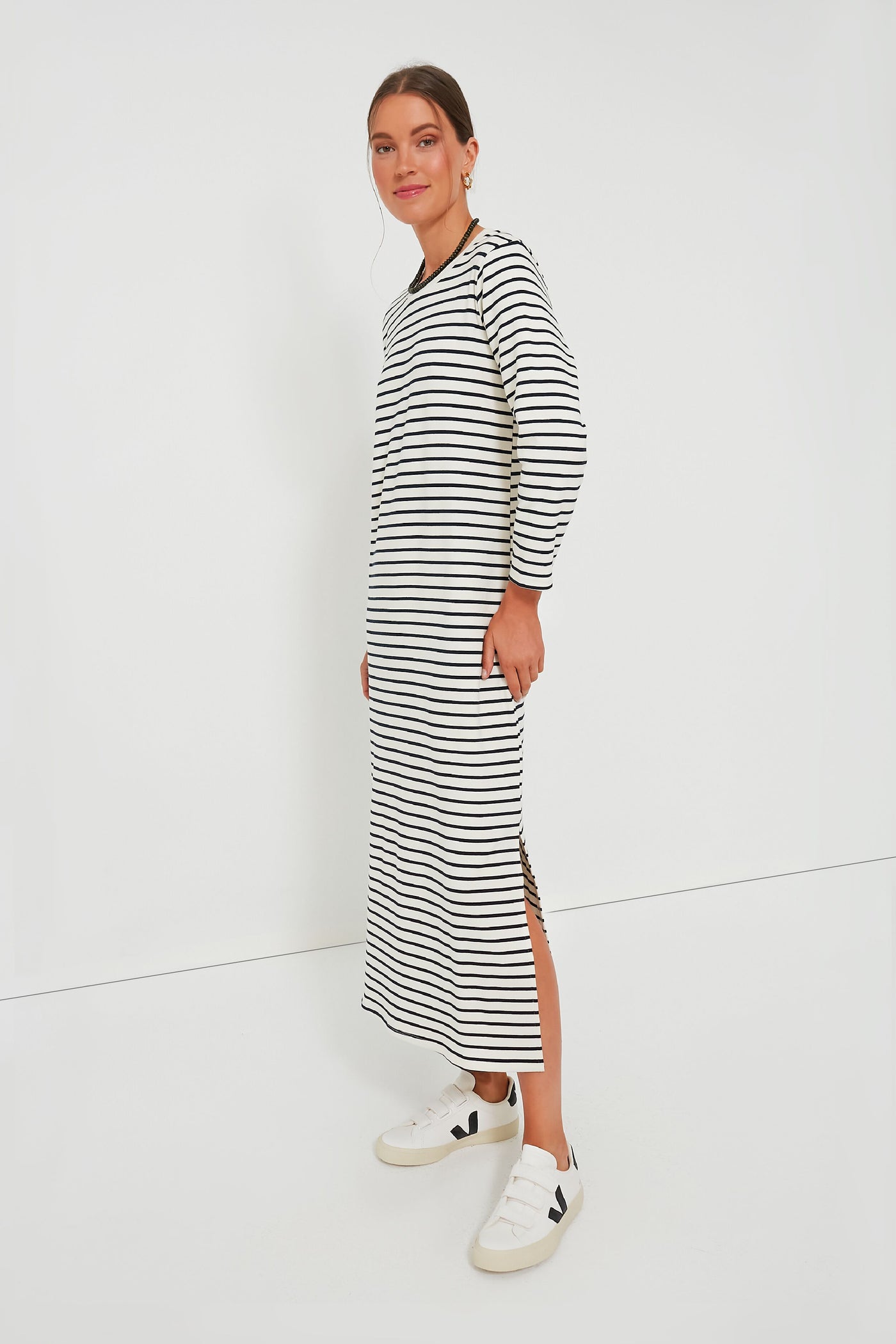 white and navy striped maxi dress Women's Striped Knit Maxi Dress M/L