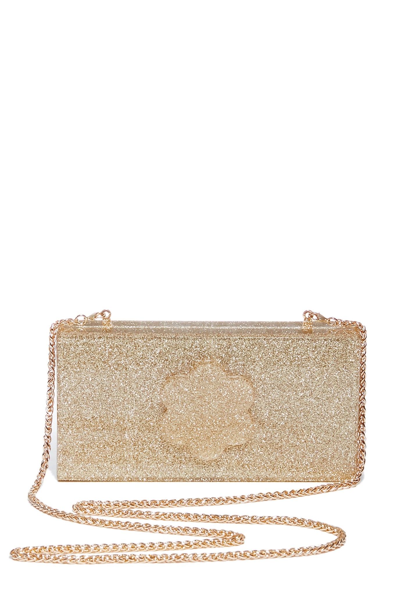 ASHA Rectangular Gold Sparkle Flower Clutch with a gold chain strap, featuring a glitter floral motif on the front.