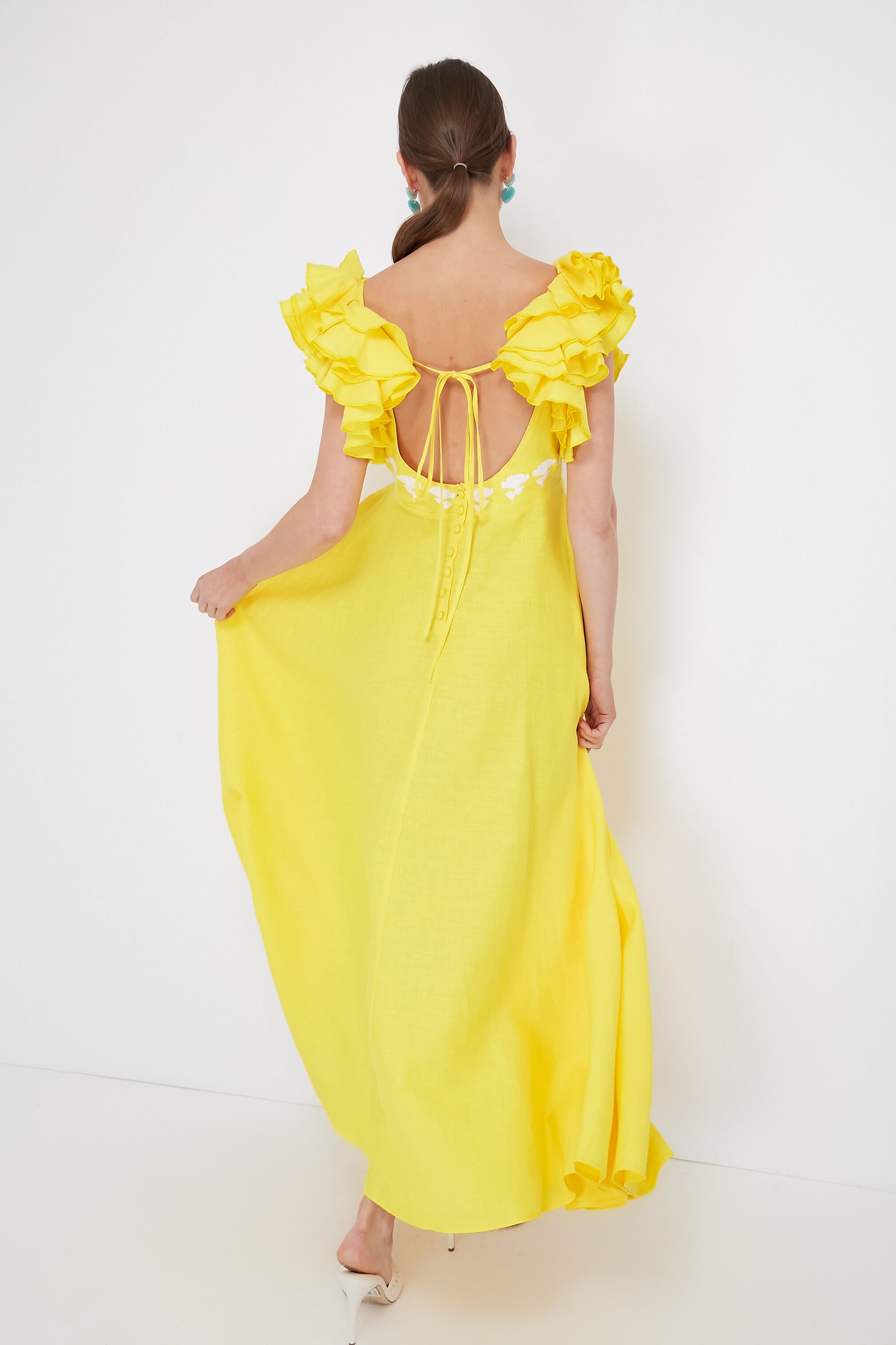 Exclusive Yellow Demre Linen Embroidered Maxi Dress