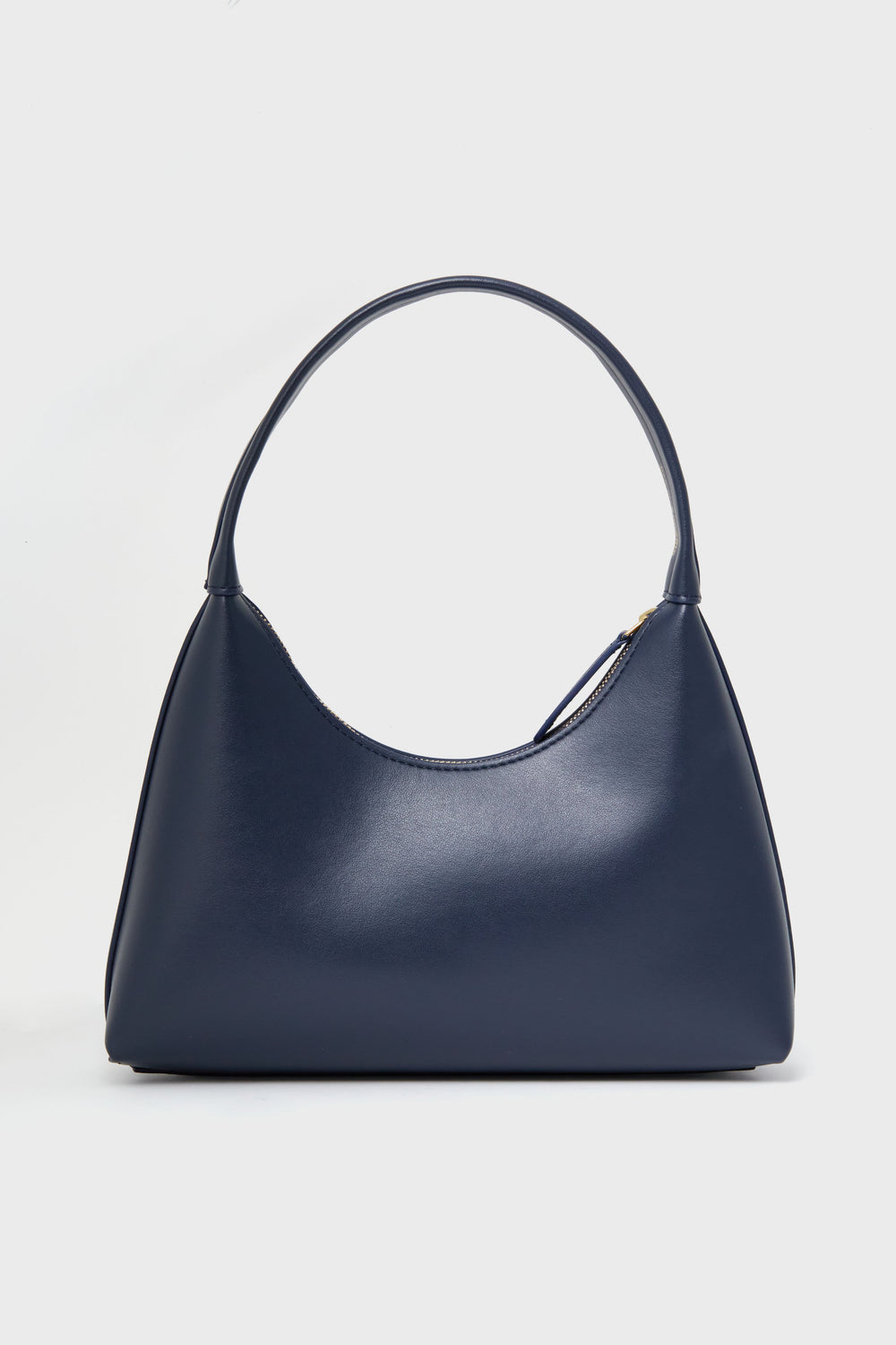 A navy blue crescent-shaped Italian leather shoulder bag by Mansur Gavriel, featuring a single curved strap—crafted for lovers of luxury handbags.