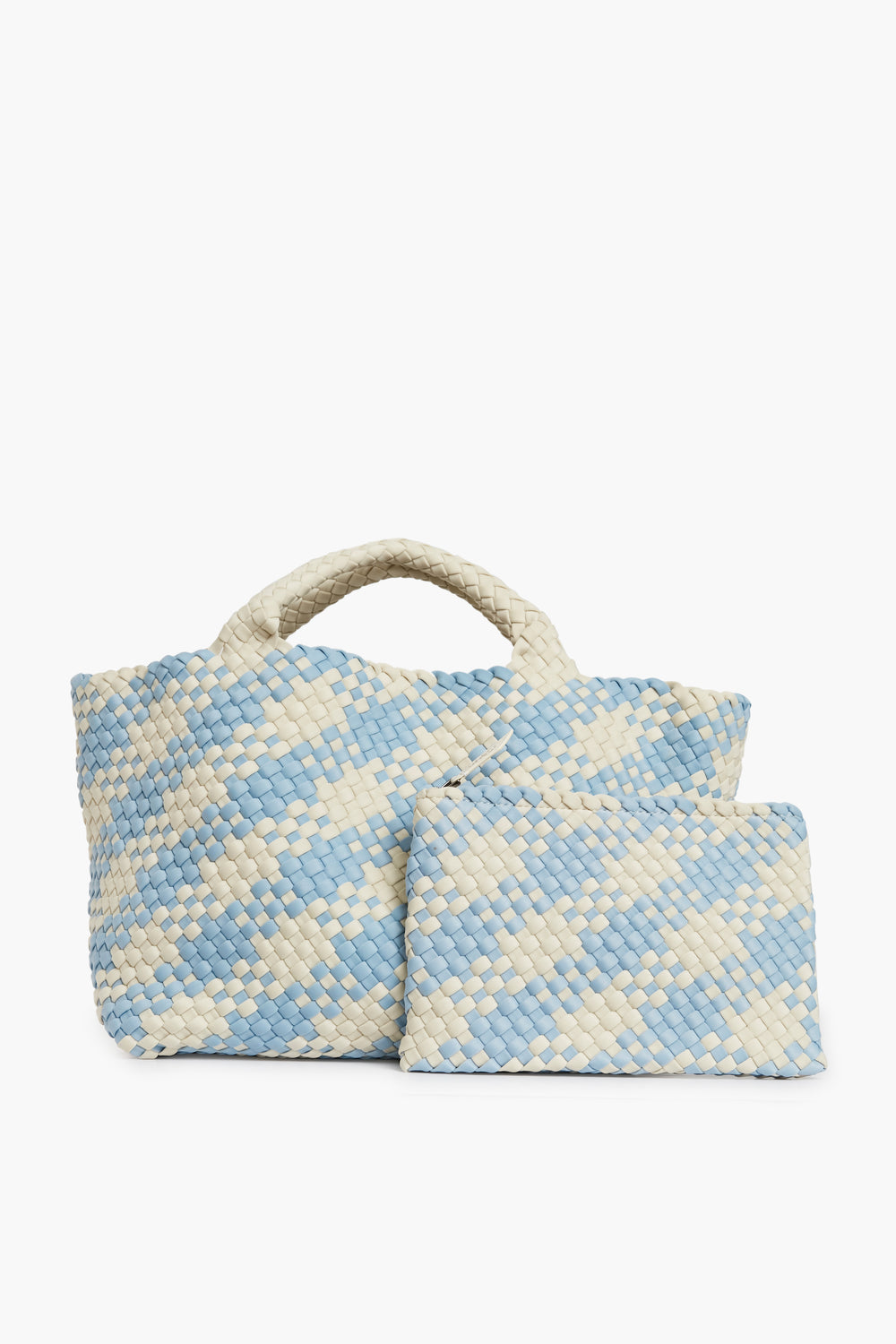 Naghedi woven tote bag and matching pouch in beige, white, and light blue pattern, crafted from durable neoprene for a stylish finish.