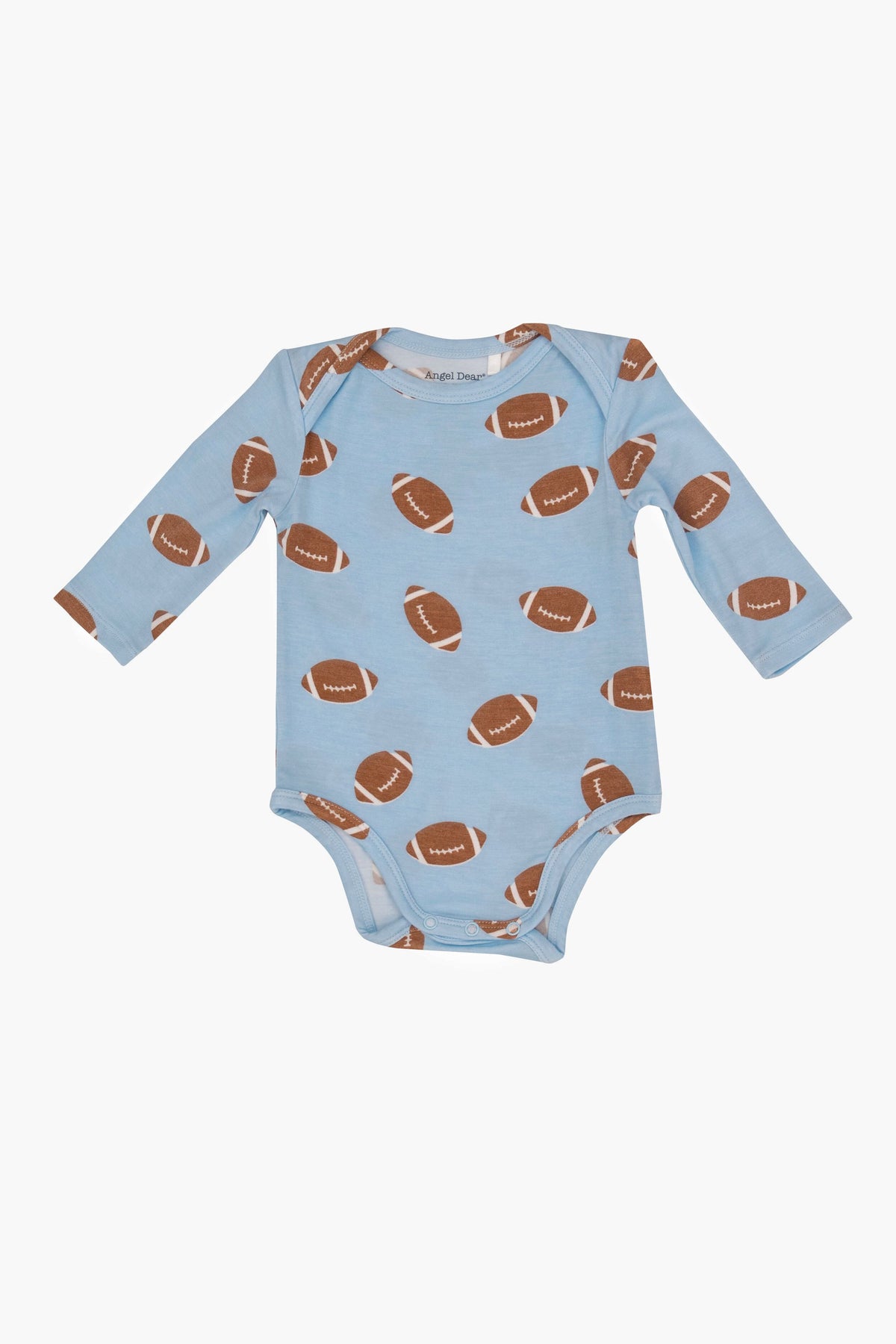Angel Dear’s light blue long-sleeve bodysuit for babies features an all-over brown football print—a playful addition to baby boy clothing.