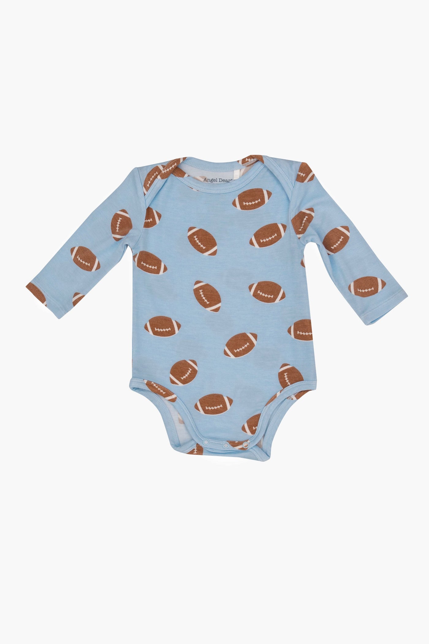 Angel Dear’s light blue long-sleeve bodysuit for babies features an all-over brown football print—a playful addition to baby boy clothing.