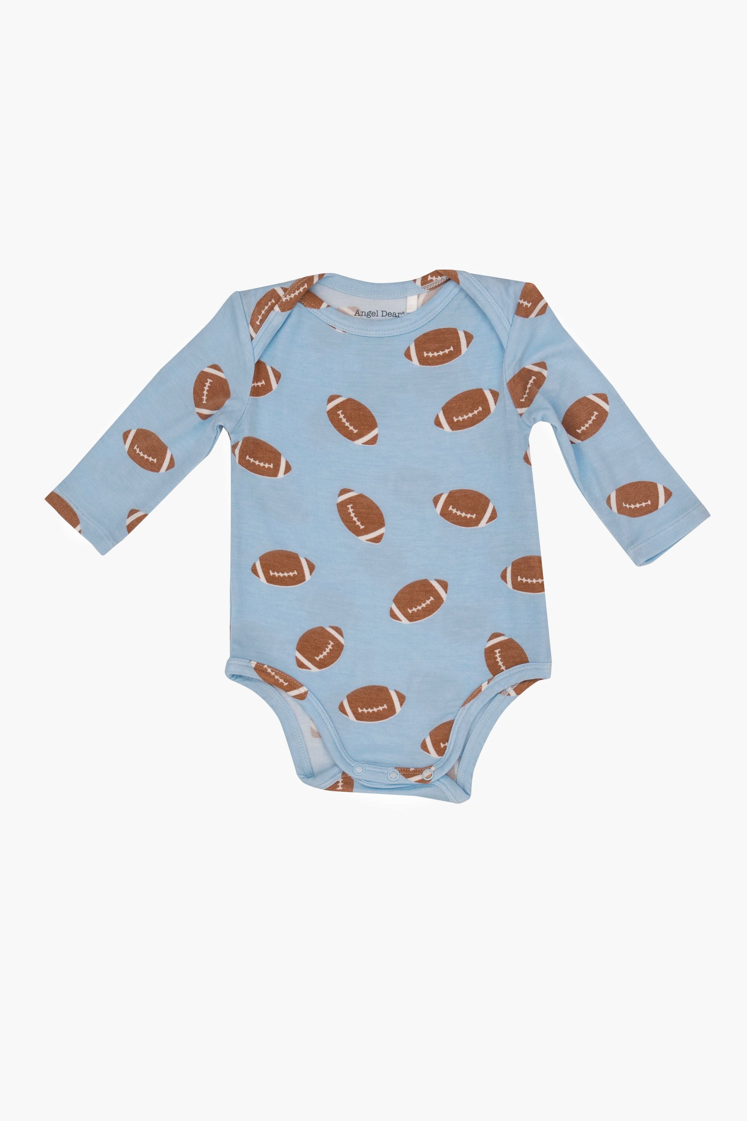 Angel Dear’s light blue long-sleeve bodysuit for babies features an all-over brown football print—a playful addition to baby boy clothing.
