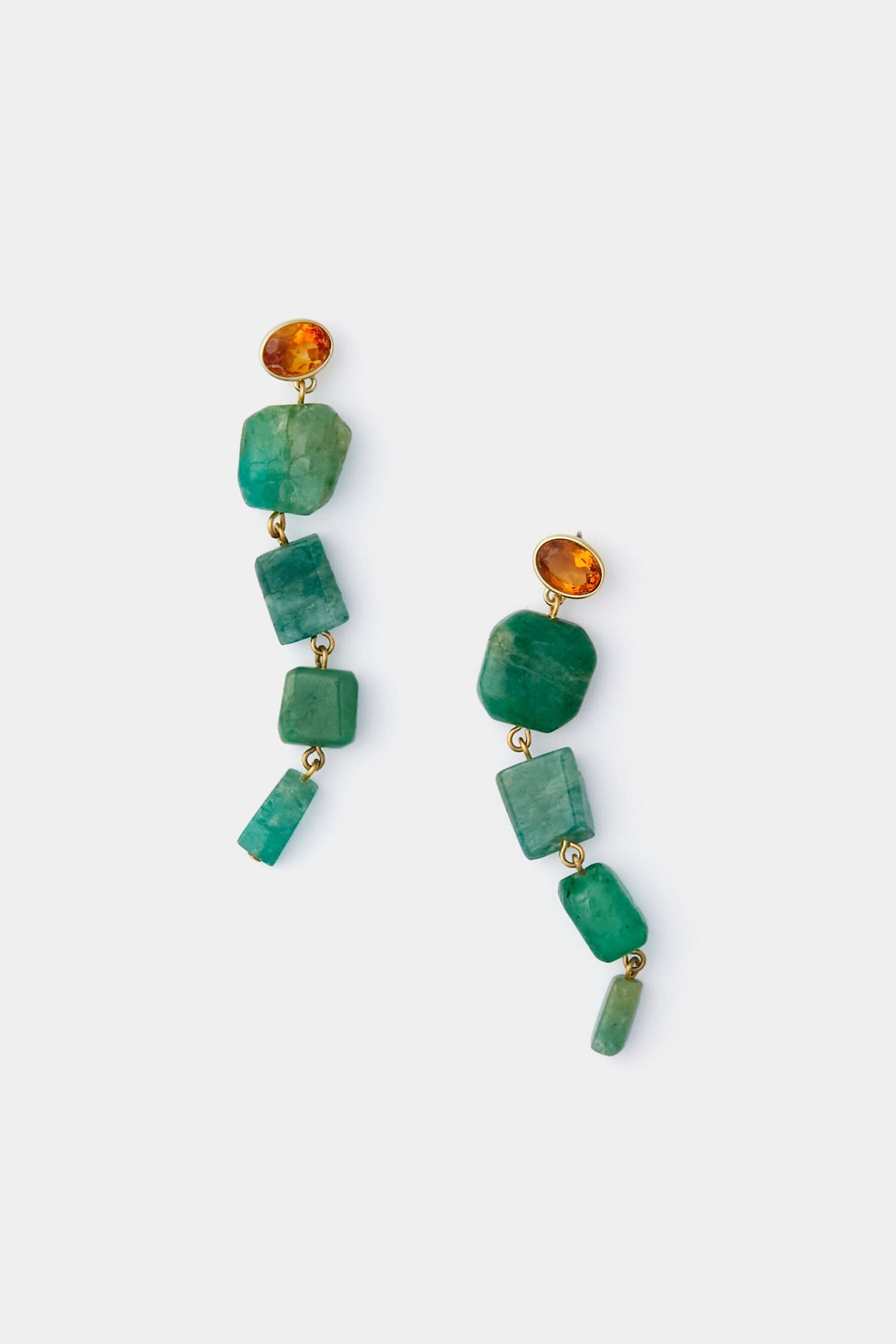 Lizzie Fortunato’s Green Maya Earrings feature gold-plated sterling silver posts, amber-like stones, and linked green gemstone segments—ideal for those who love handcrafted jewelry.