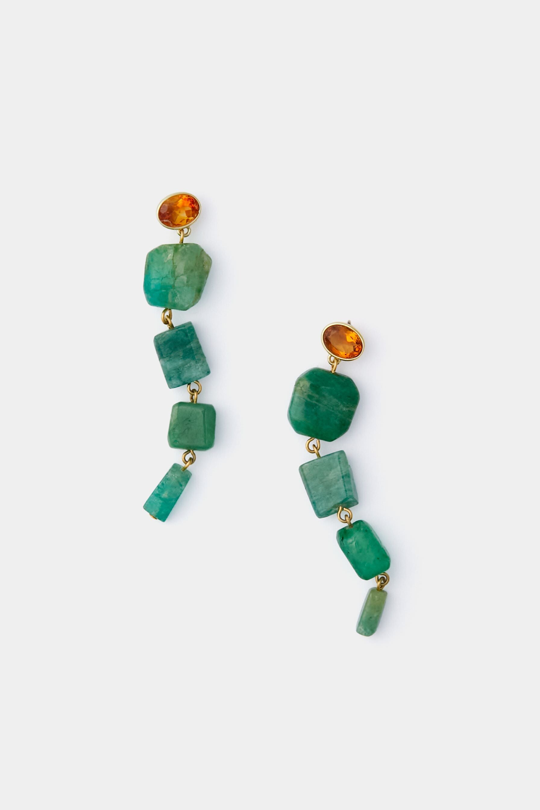 Lizzie Fortunato’s Green Maya Earrings feature gold-plated sterling silver posts, amber-like stones, and linked green gemstone segments—ideal for those who love handcrafted jewelry.