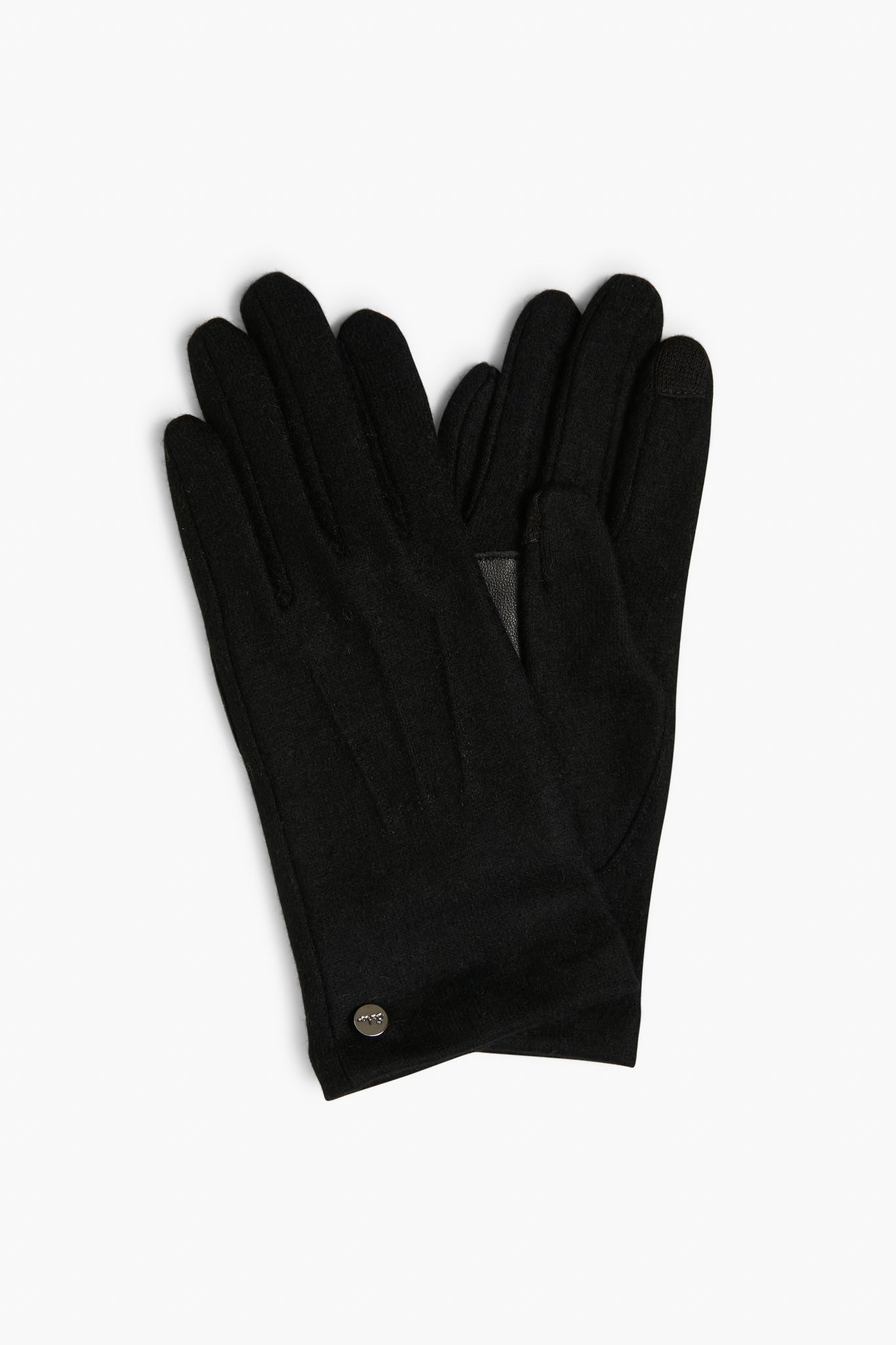 A pair of Echo black knit gloves, featuring a small round metal emblem on the wrist of one glove, combining style and comfort.