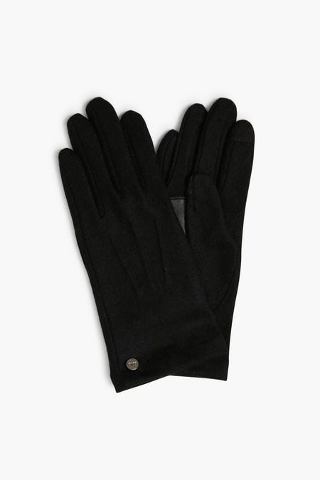 A pair of Echo black knit gloves, featuring a small round metal emblem on the wrist of one glove, combining style and comfort.
